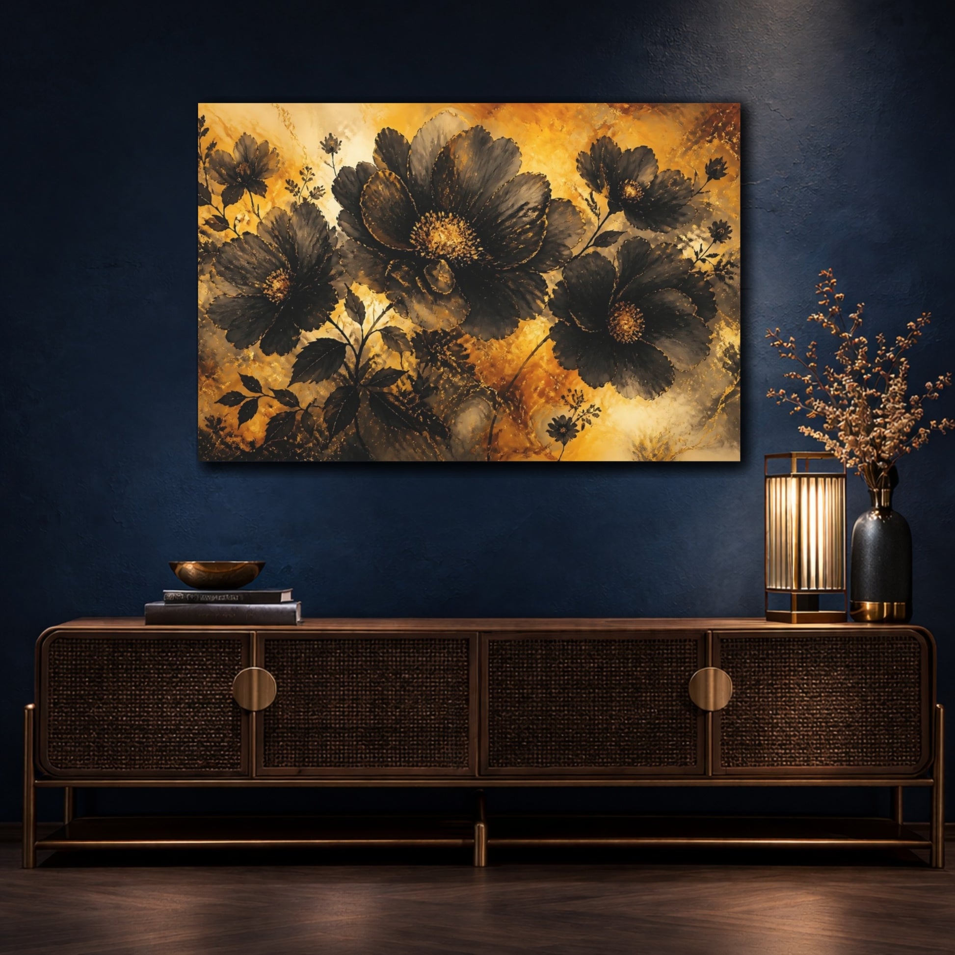 Mockup 4. Golden Glow Black Blossoms shown as canvas print