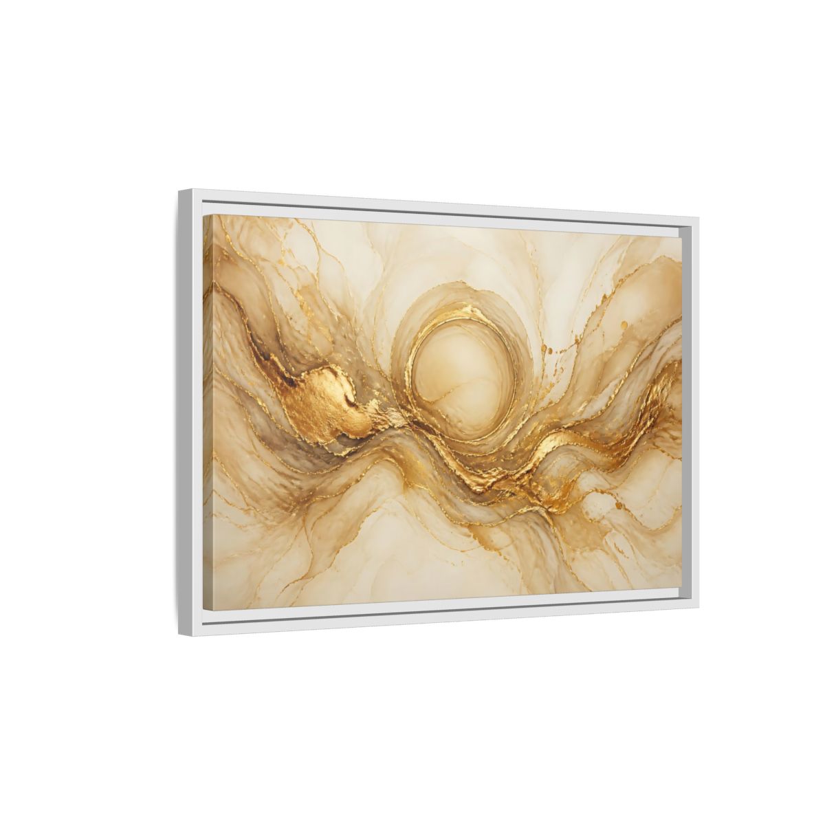 Side Mockup 1. Golden Halo Flow shown as framed canvas print