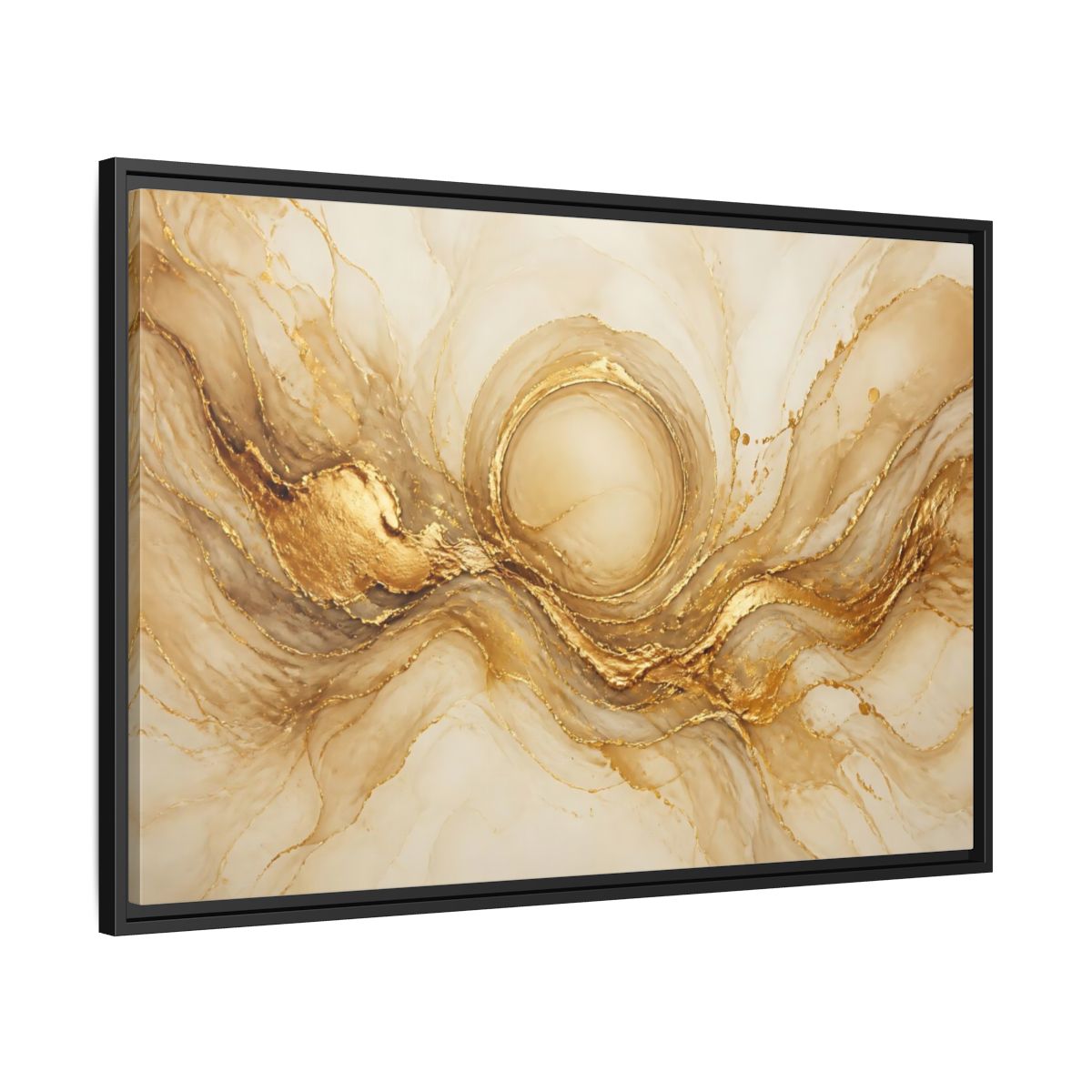 Side Mockup 13. Golden Halo Flow shown as framed canvas print
