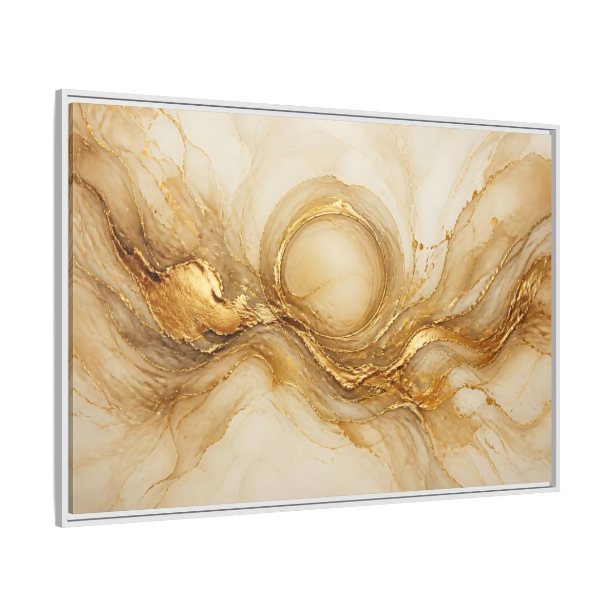 Side Mockup 7. Golden Halo Flow shown as framed canvas print