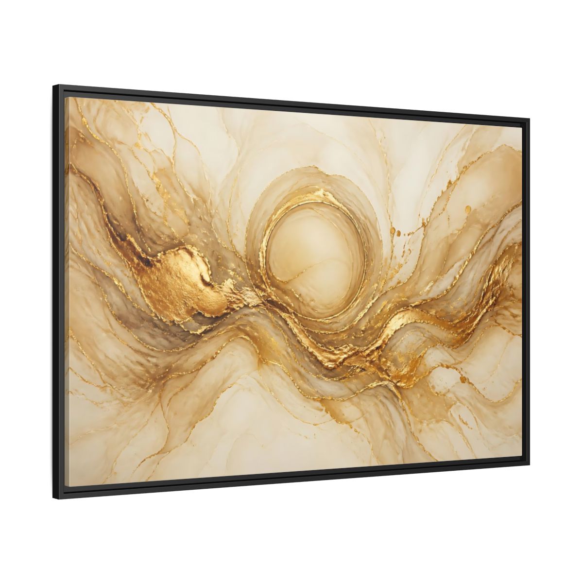Side Mockup 12. Golden Halo Flow shown as framed canvas print