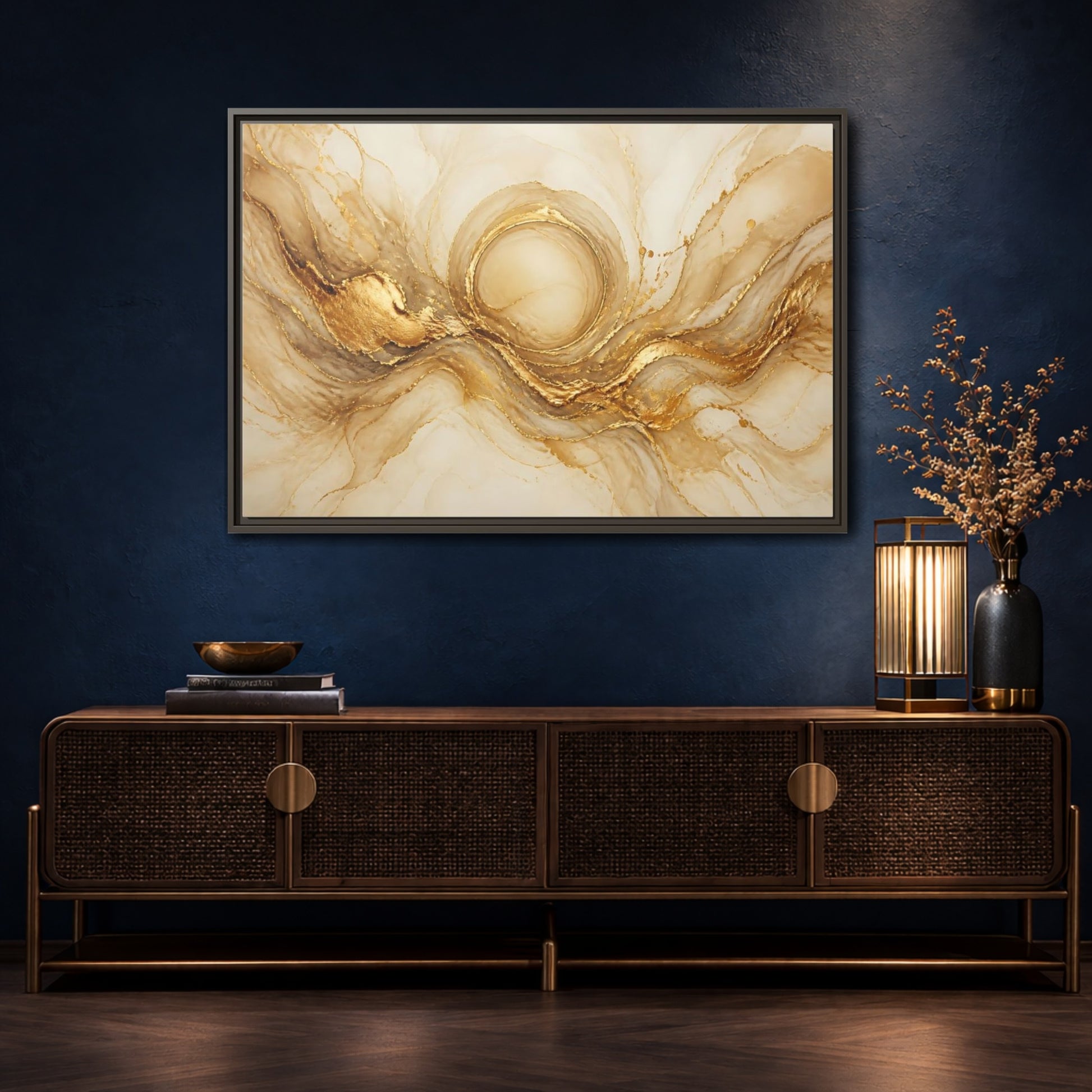 Mockup 4. Golden Halo Flow shown as framed canvas print
