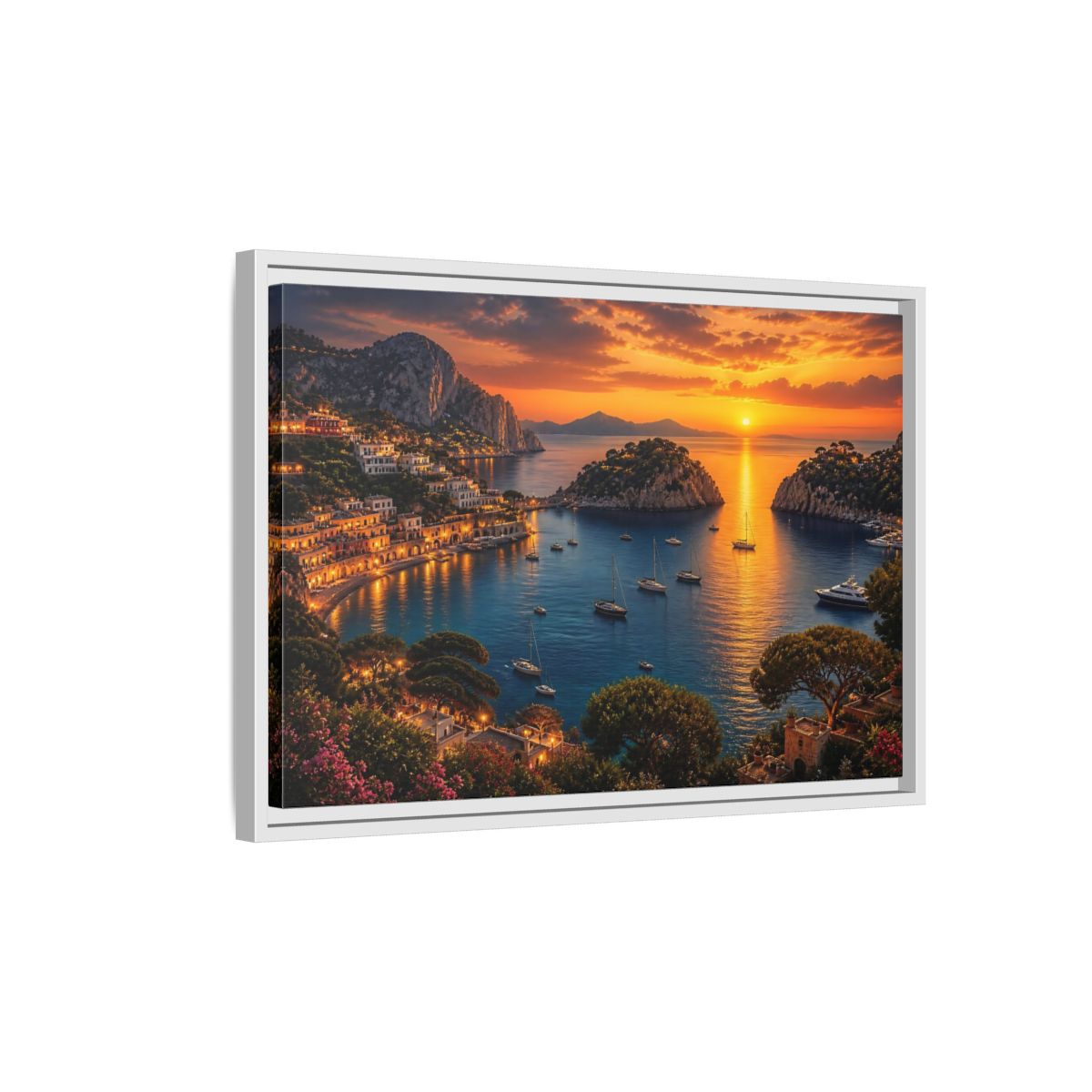 Side Mockup 1. Golden Harbor At Dusk shown as framed canvas print