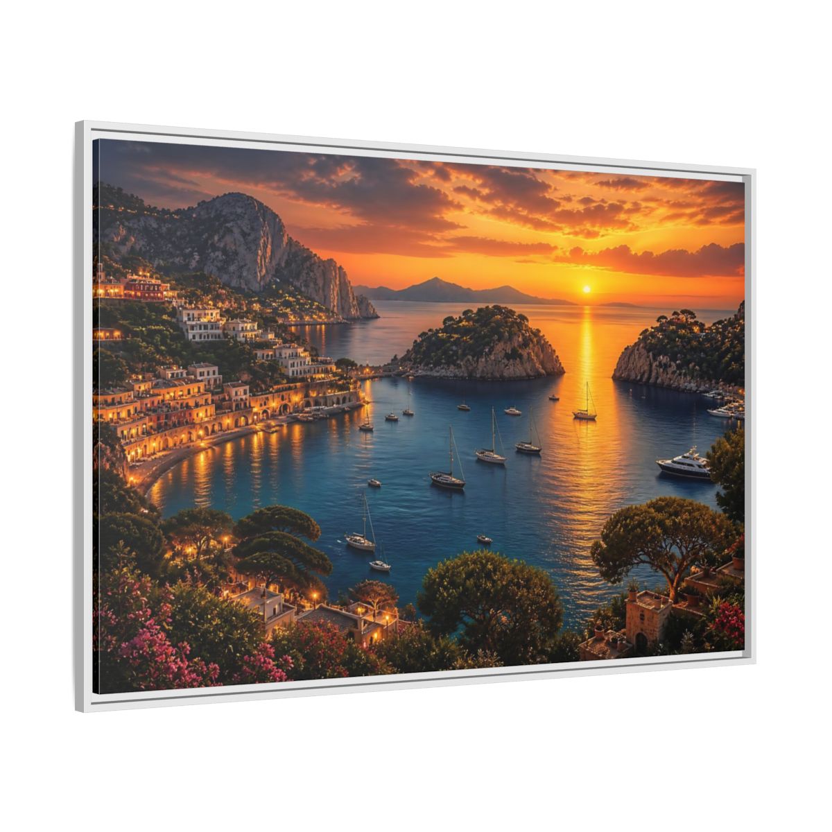 Side Mockup 7. Golden Harbor At Dusk shown as framed canvas print