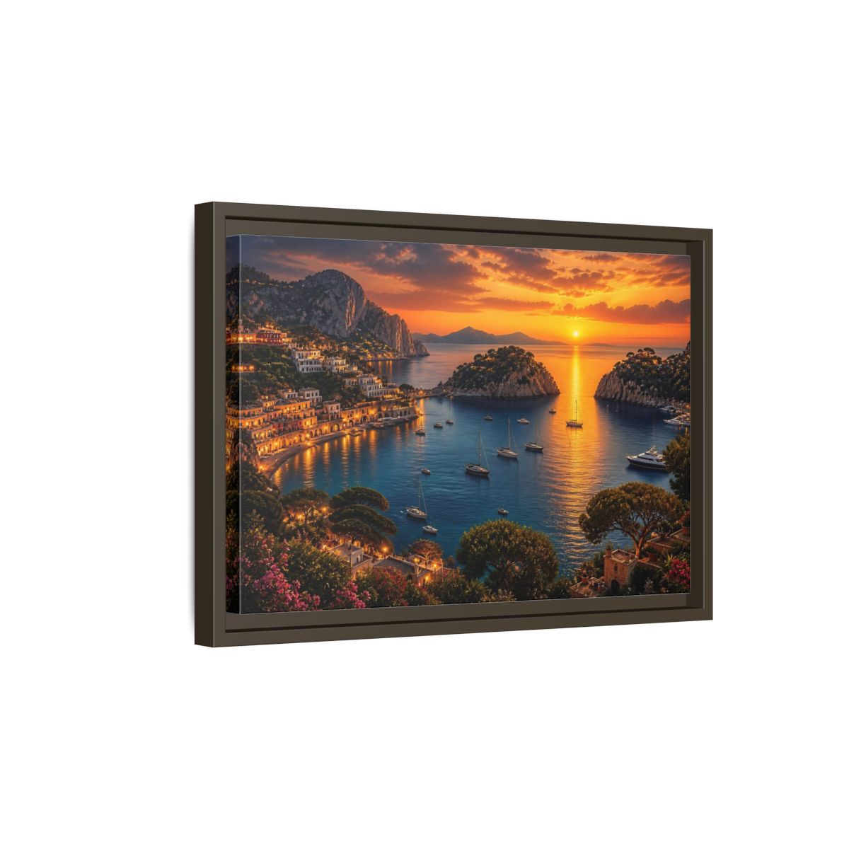 Side Mockup 5. Golden Harbor At Dusk shown as framed canvas print