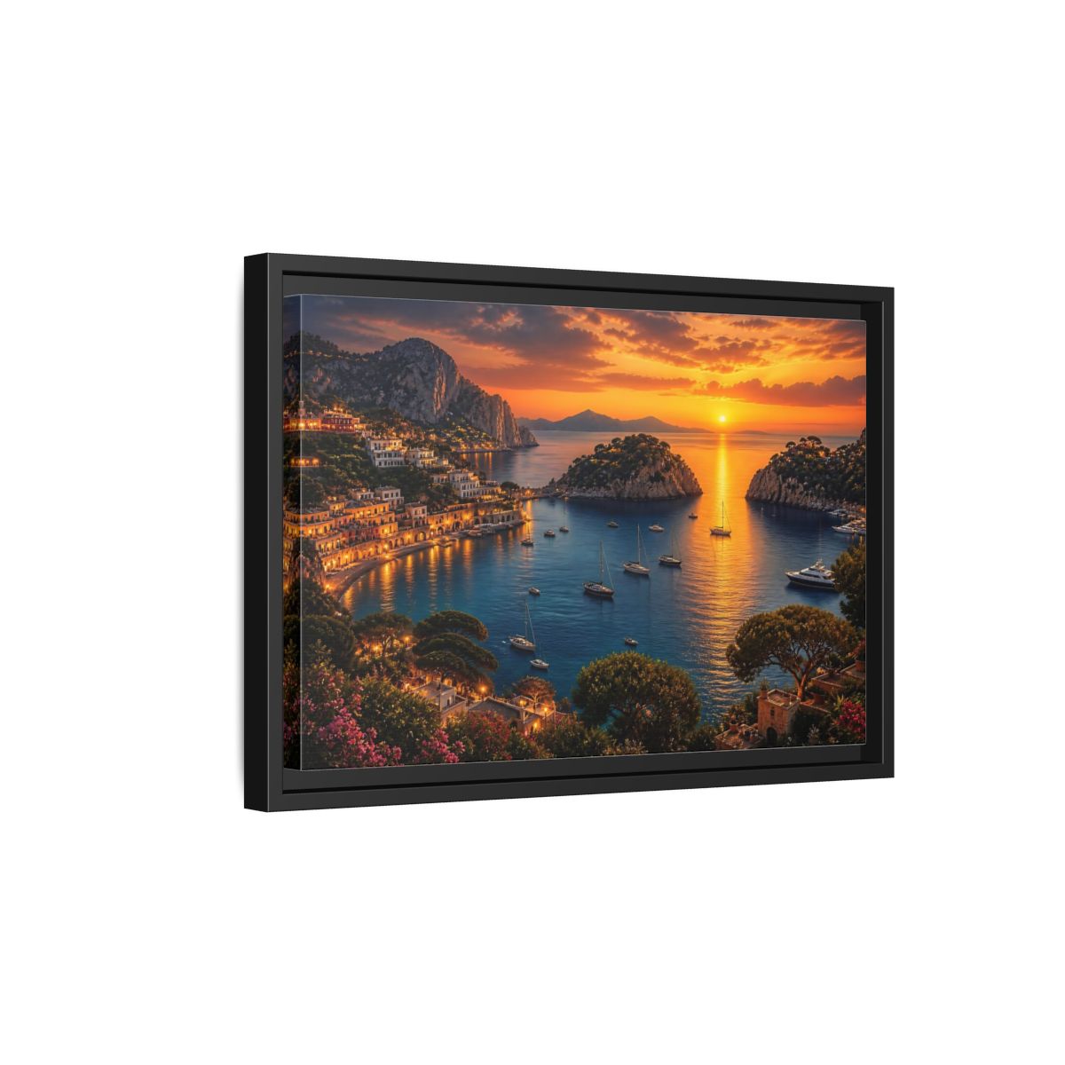 Side Mockup 6. Golden Harbor At Dusk shown as framed canvas print