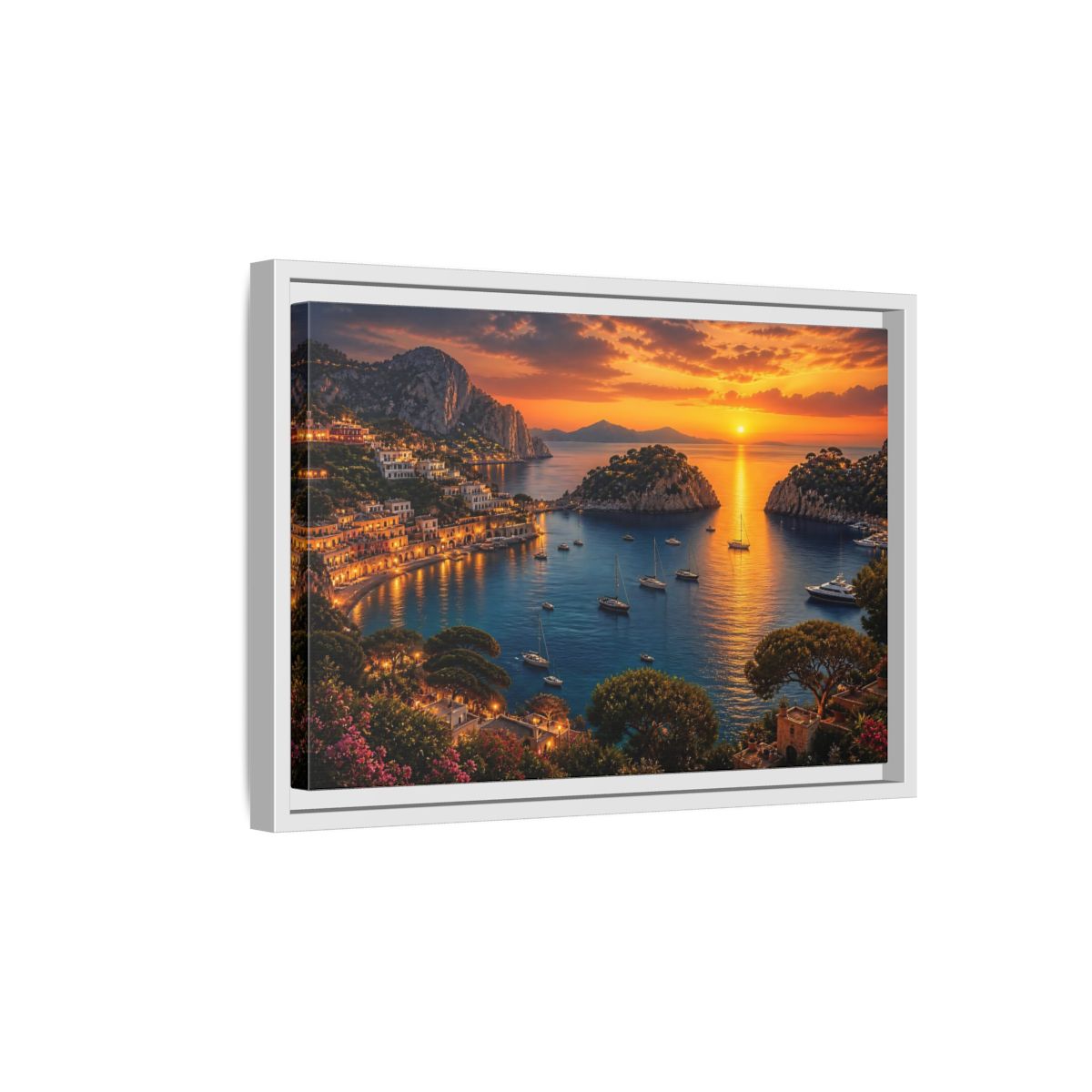Side Mockup 4. Golden Harbor At Dusk shown as framed canvas print