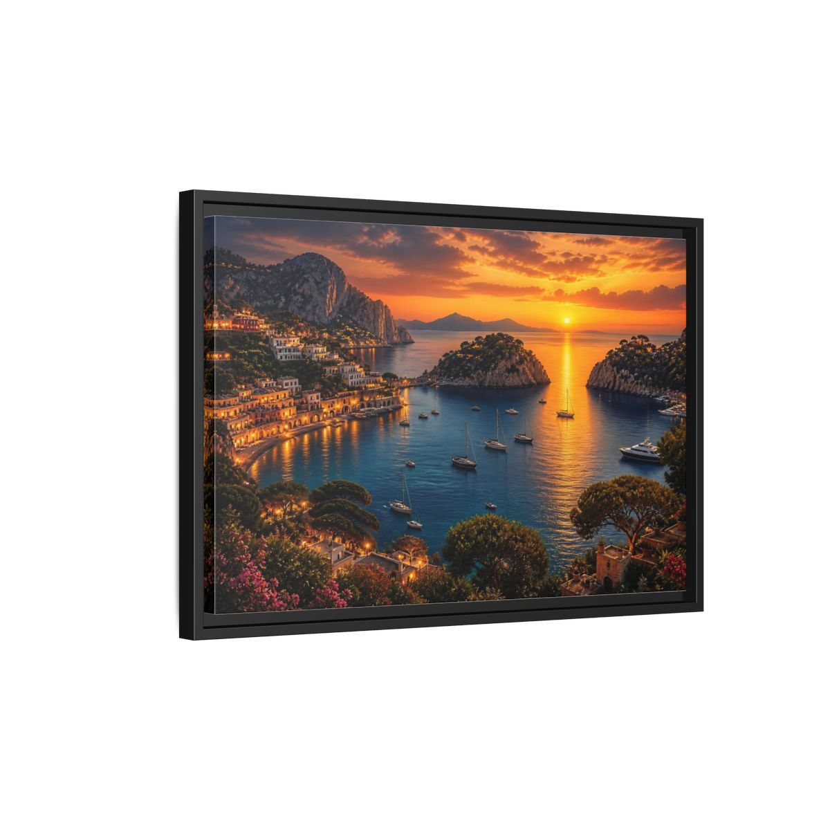 Side Mockup 3. Golden Harbor At Dusk shown as framed canvas print
