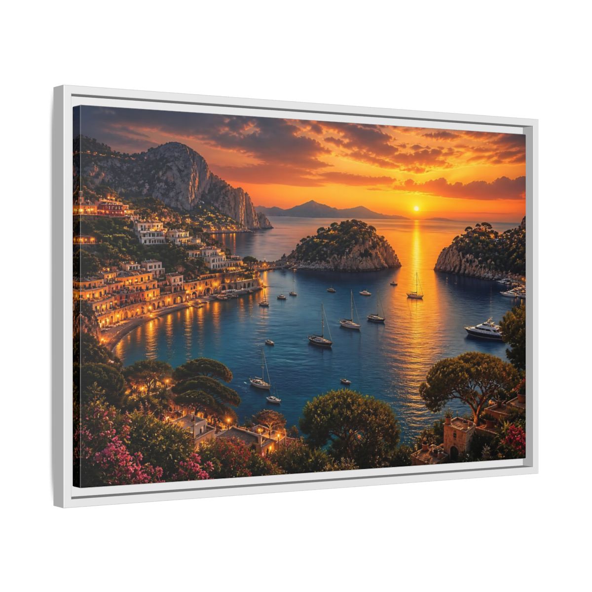 Side Mockup 10. Golden Harbor At Dusk shown as framed canvas print