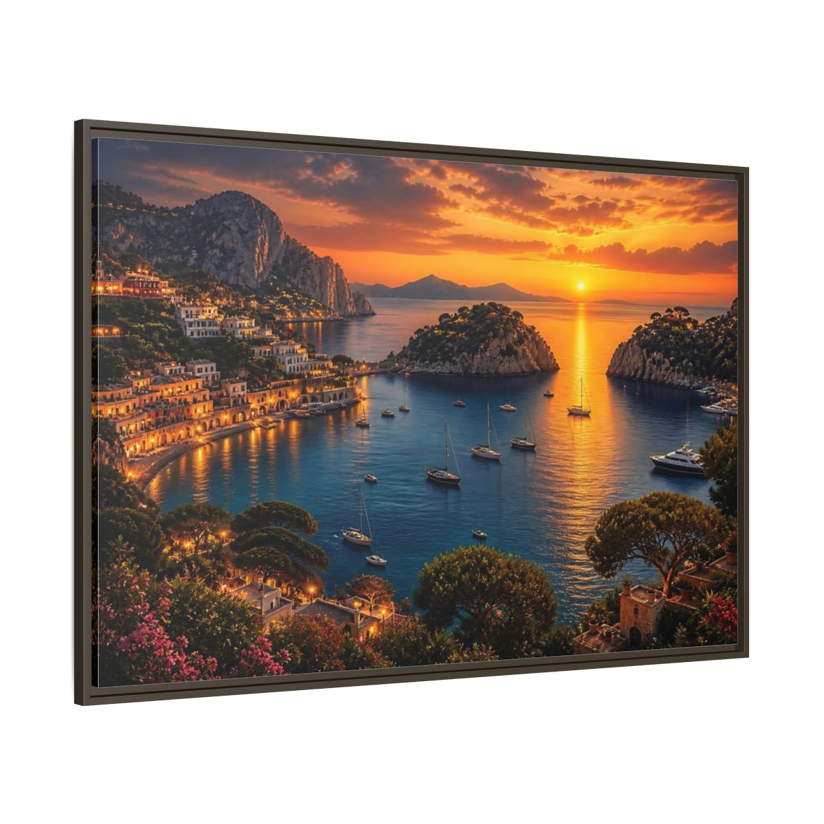 Side Mockup 8. Golden Harbor At Dusk shown as framed canvas print