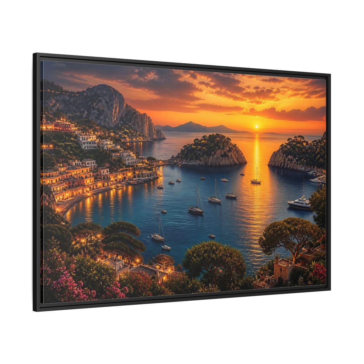 Side Mockup 12. Golden Harbor At Dusk shown as framed canvas print