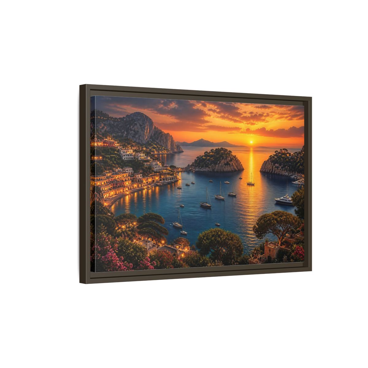 Side Mockup 2. Golden Harbor At Dusk shown as framed canvas print