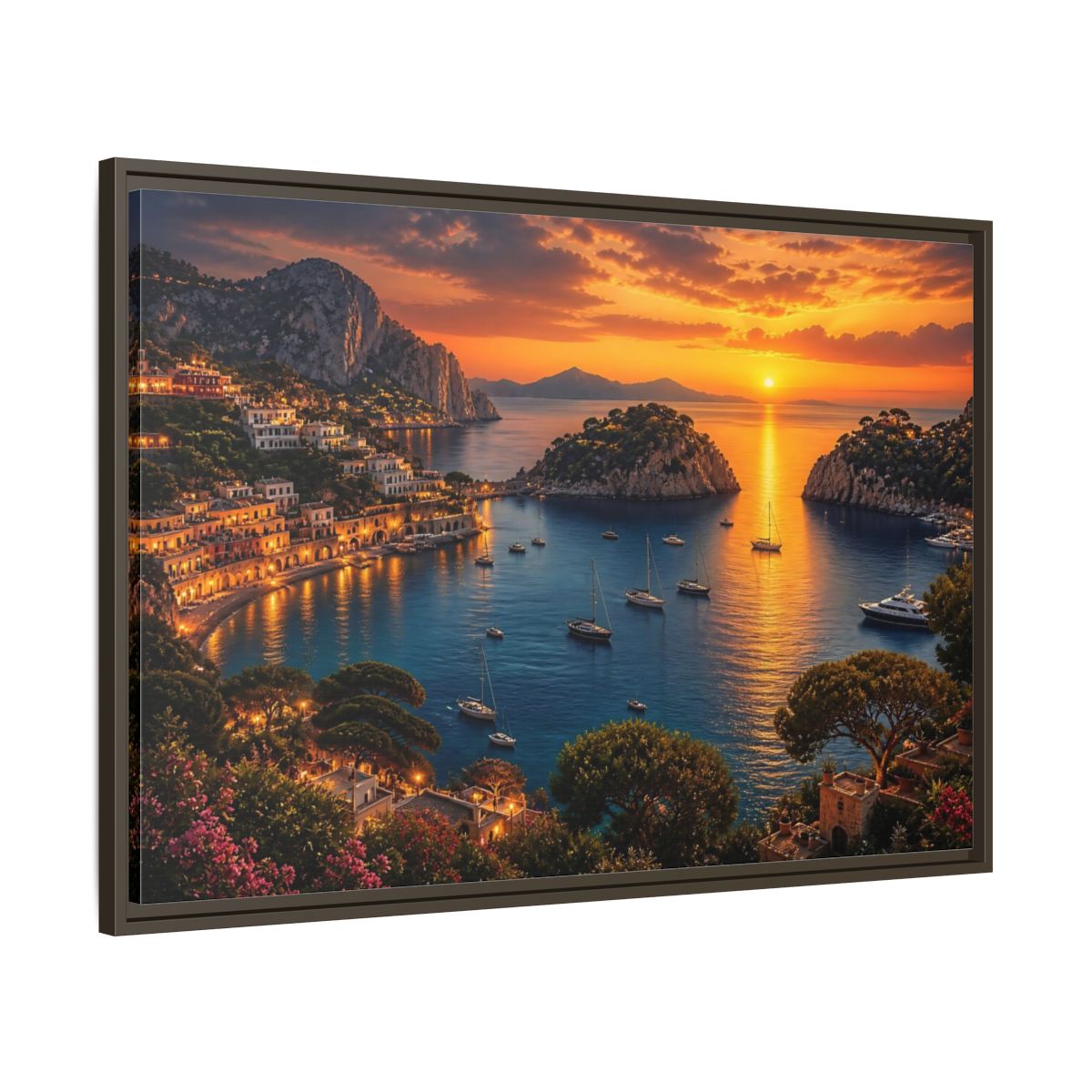 Main Mockup. Golden Harbor At Dusk shown as framed canvas print