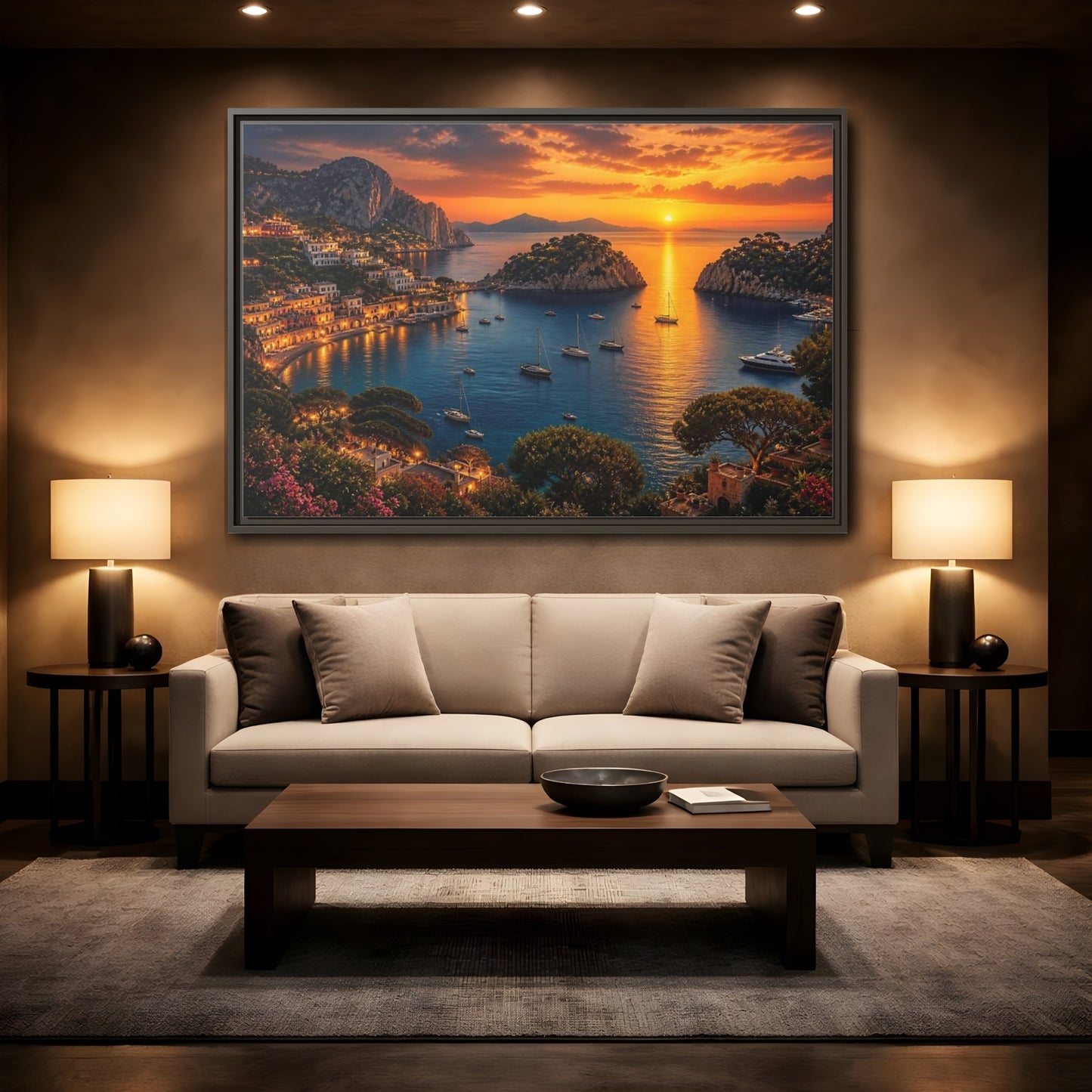 Mockup 2. Golden Harbor At Dusk shown as framed canvas print