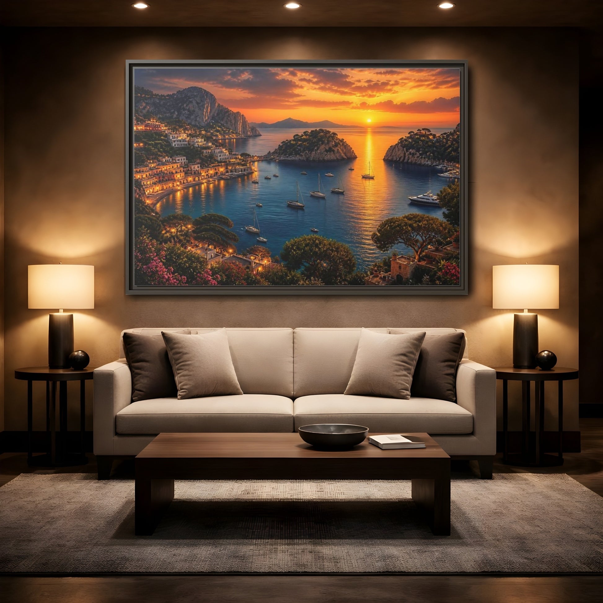Mockup 2. Golden Harbor At Dusk shown as framed canvas print