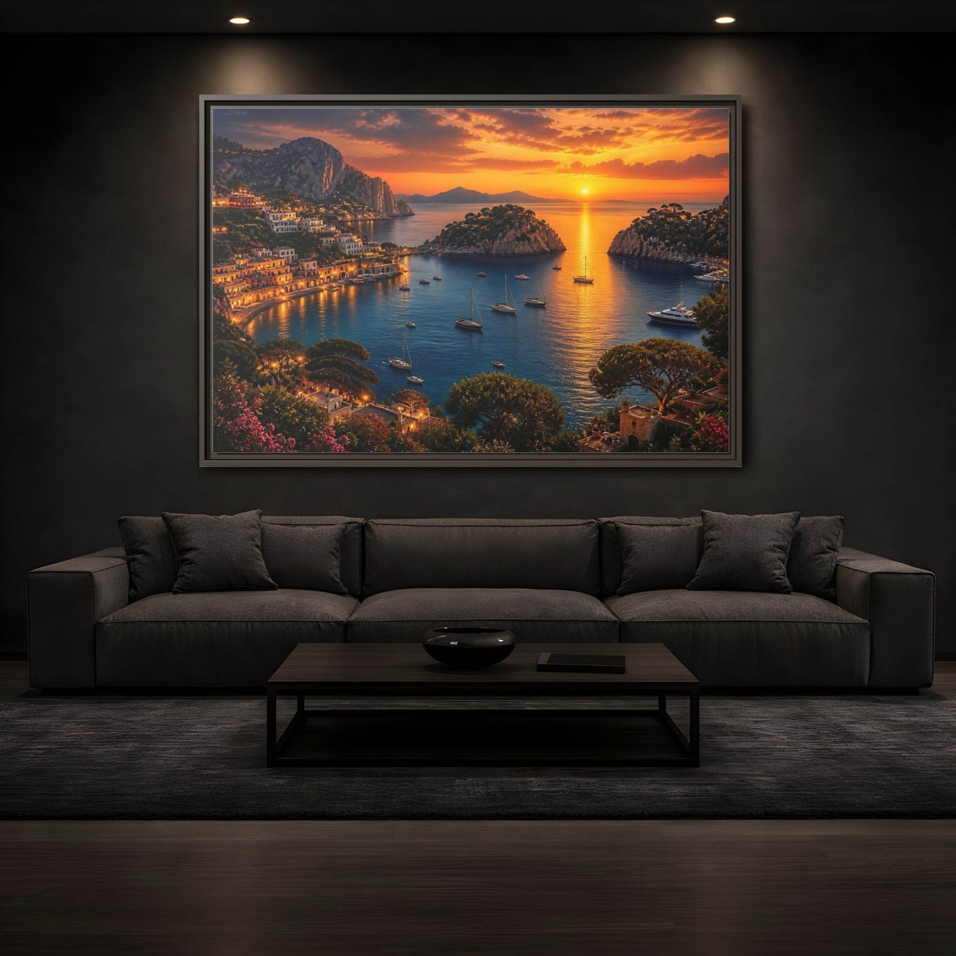 Mockup 3. Golden Harbor At Dusk shown as framed canvas print