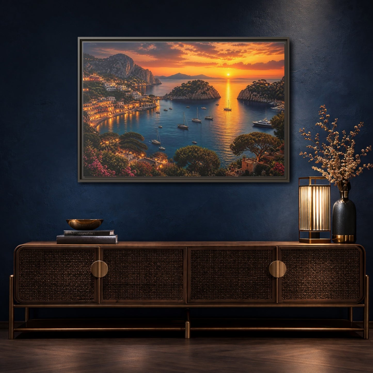 Mockup 4. Golden Harbor At Dusk shown as framed canvas print