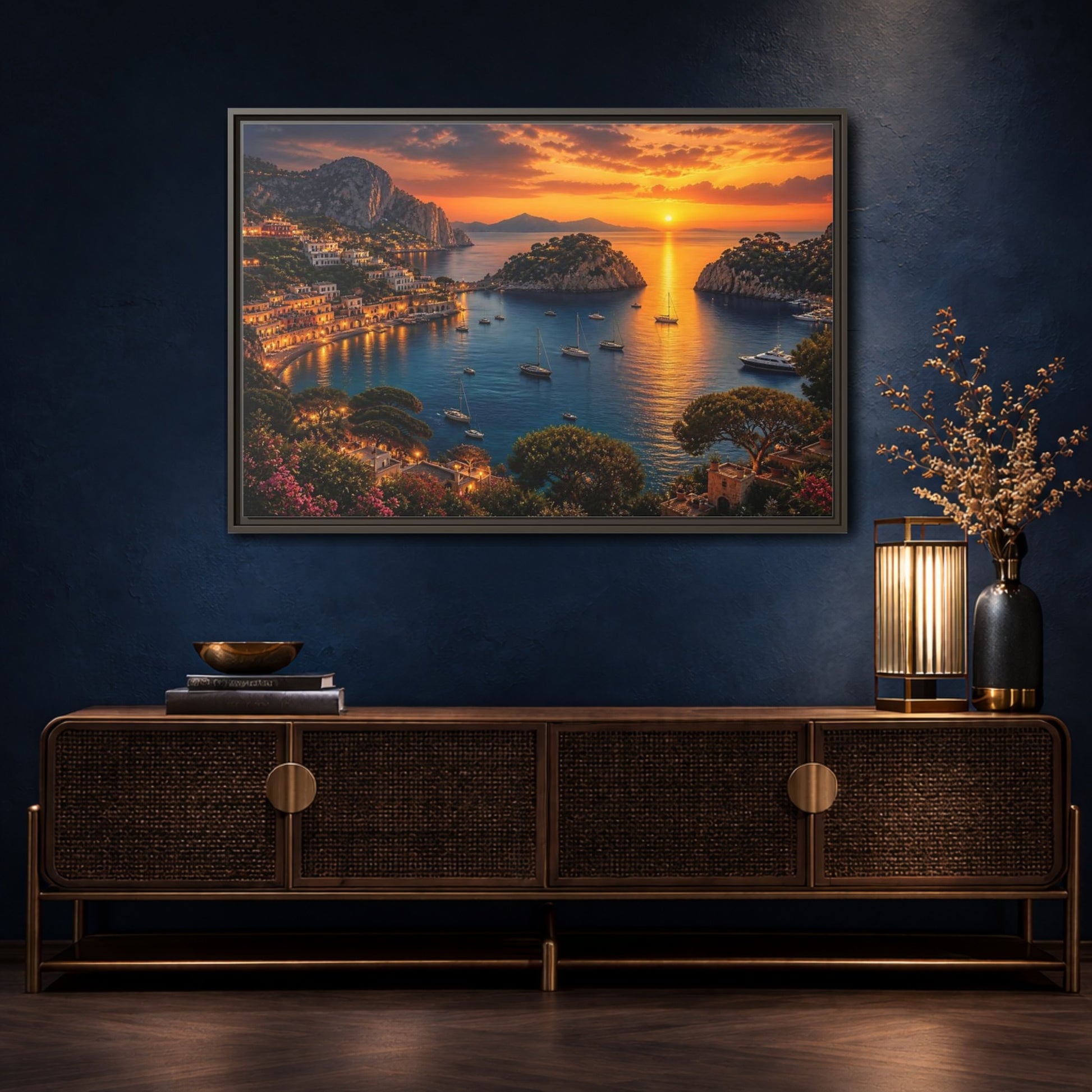 Mockup 4. Golden Harbor At Dusk shown as framed canvas print