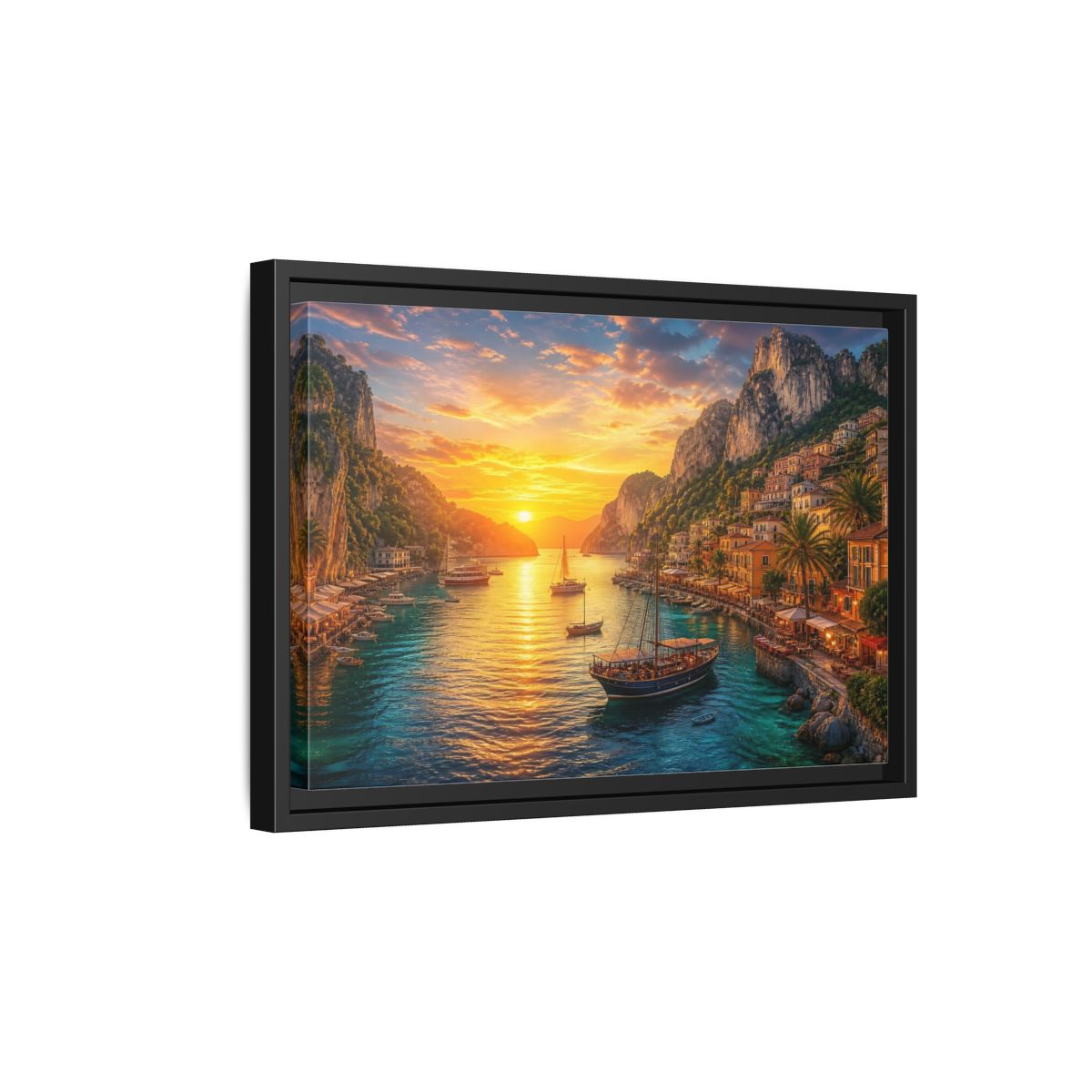 Side Mockup 6. Golden Harbor Sunset shown as framed canvas print