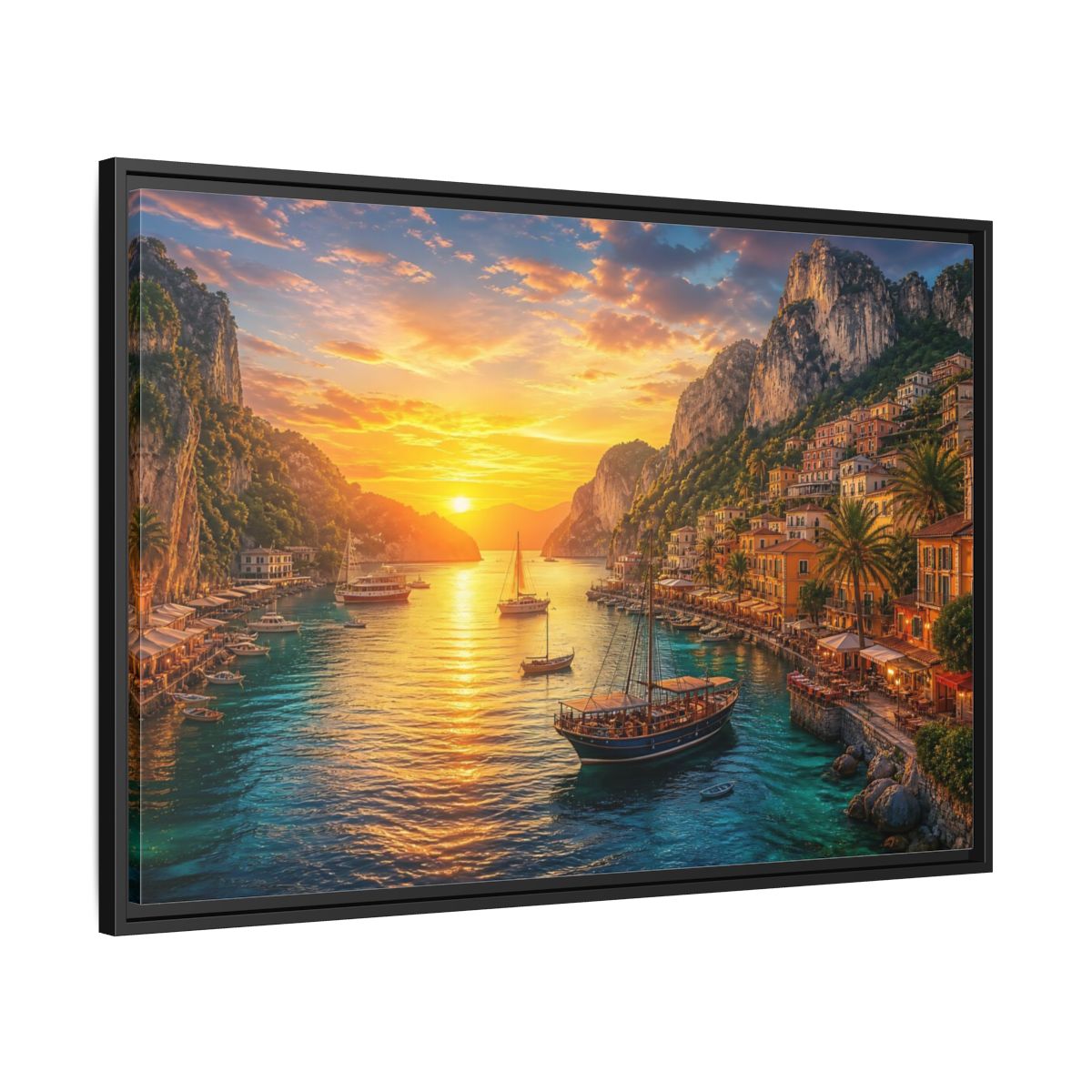Side Mockup 13. Golden Harbor Sunset shown as framed canvas print