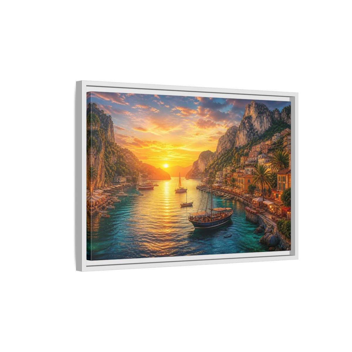 Side Mockup 1. Golden Harbor Sunset shown as framed canvas print