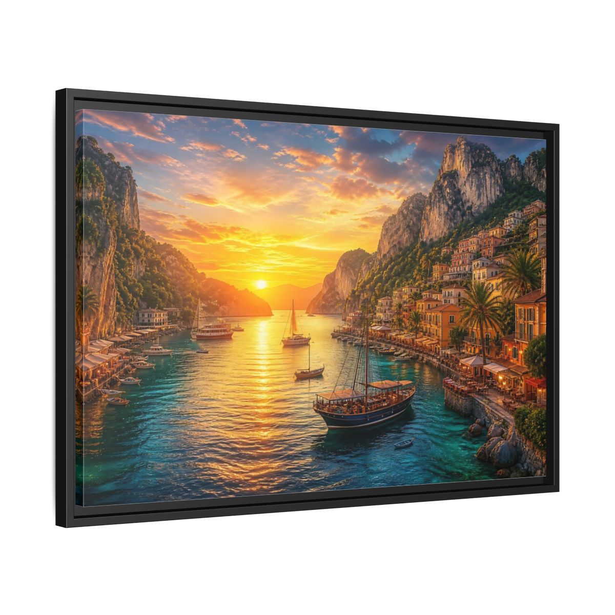 Side Mockup 14. Golden Harbor Sunset shown as framed canvas print