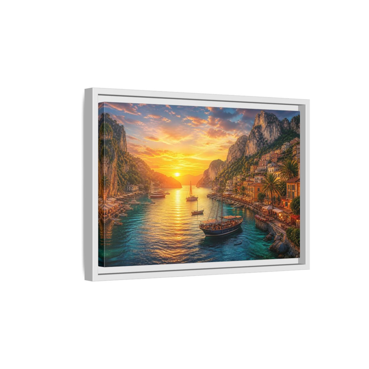 Side Mockup 4. Golden Harbor Sunset shown as framed canvas print
