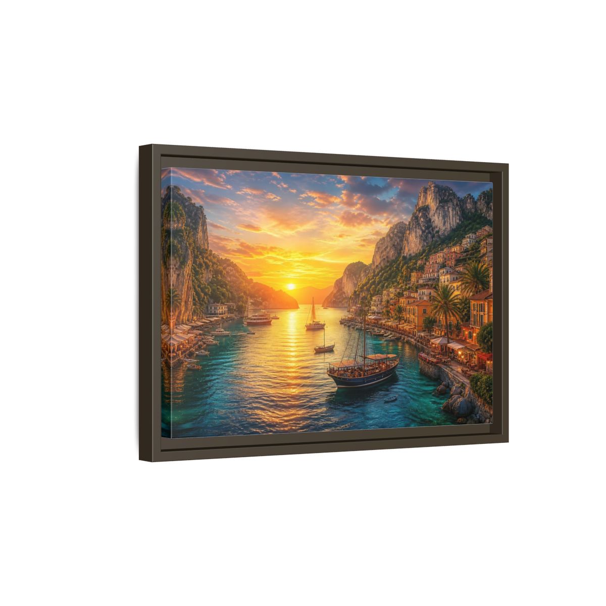 Side Mockup 5. Golden Harbor Sunset shown as framed canvas print