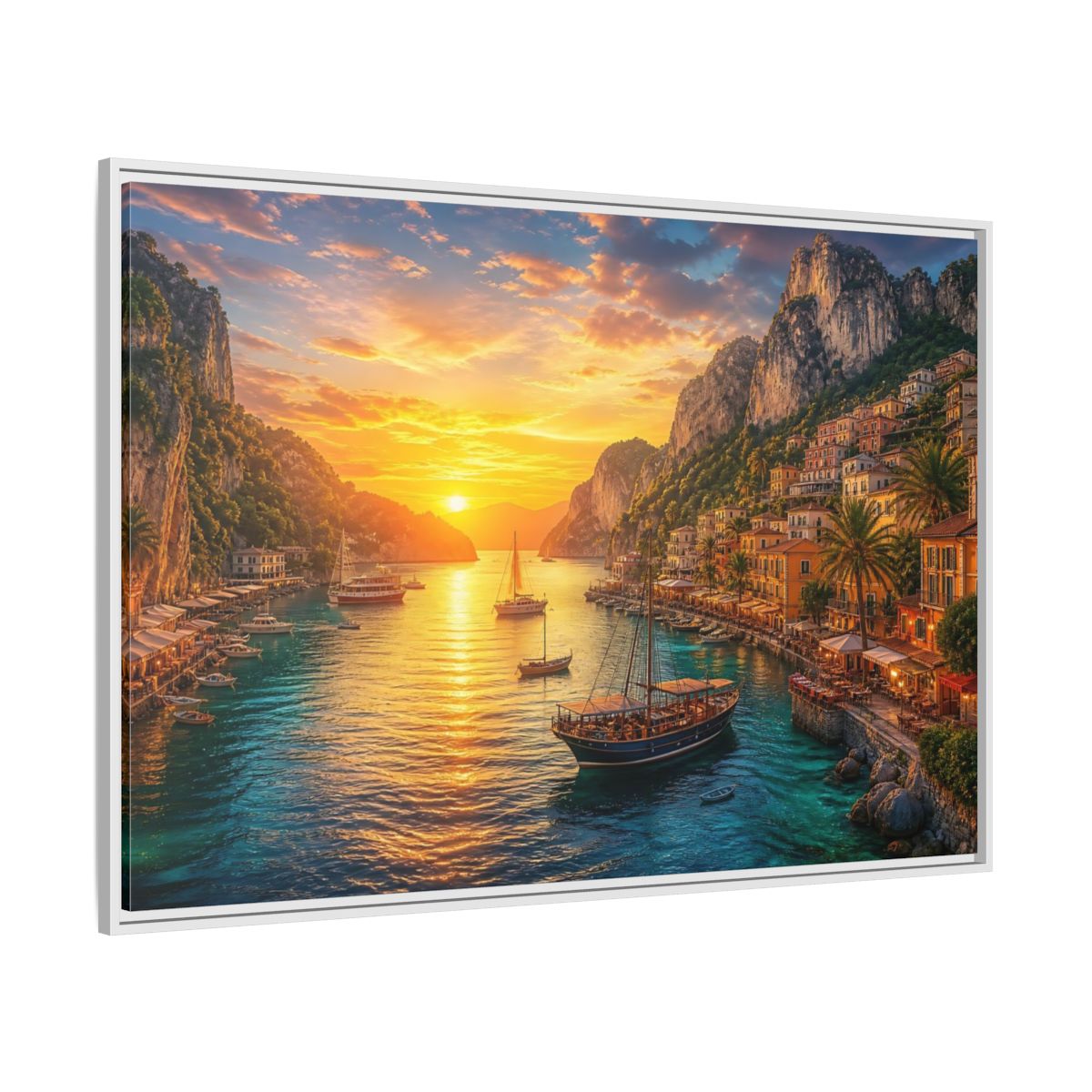 Side Mockup 7. Golden Harbor Sunset shown as framed canvas print