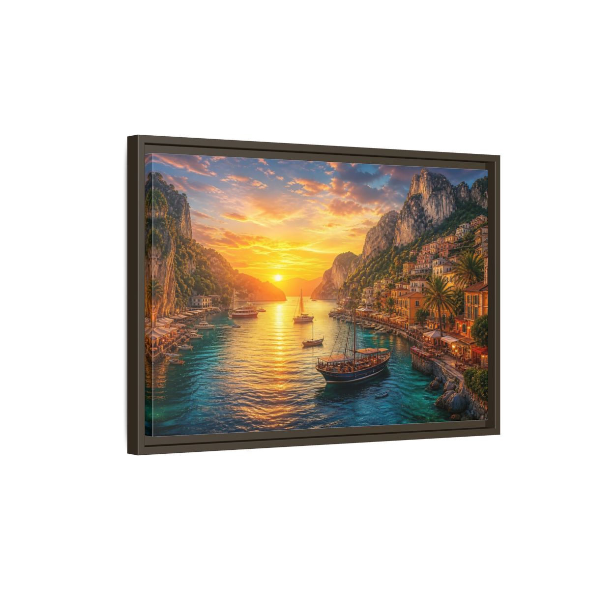 Side Mockup 2. Golden Harbor Sunset shown as framed canvas print