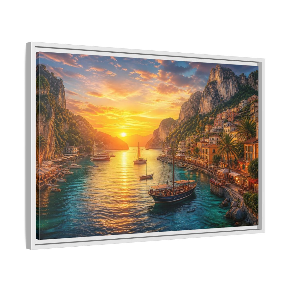 Side Mockup 10. Golden Harbor Sunset shown as framed canvas print