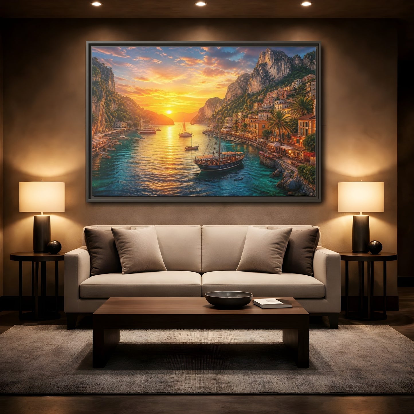 Mockup 2. Golden Harbor Sunset shown as framed canvas print