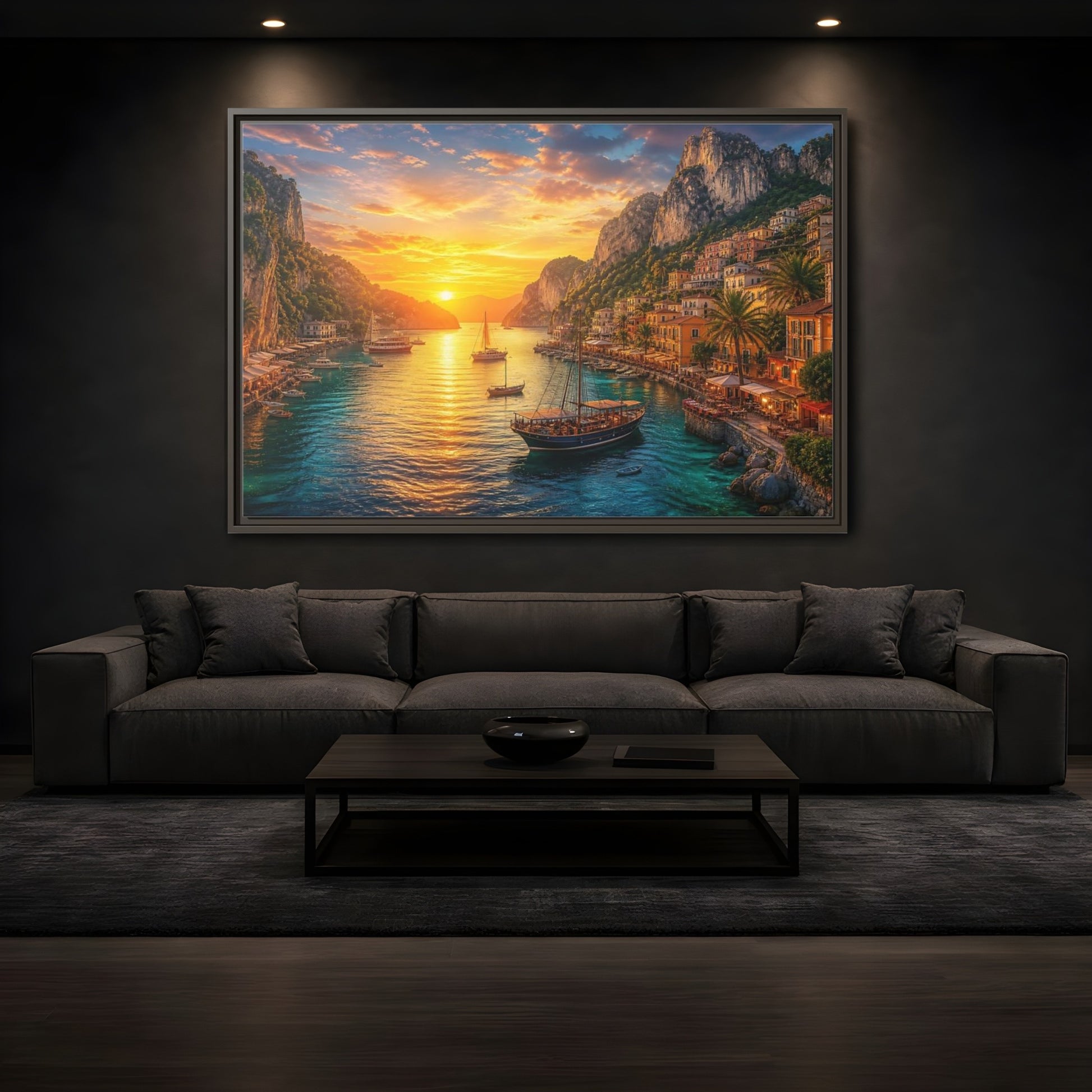 Mockup 3. Golden Harbor Sunset shown as framed canvas print