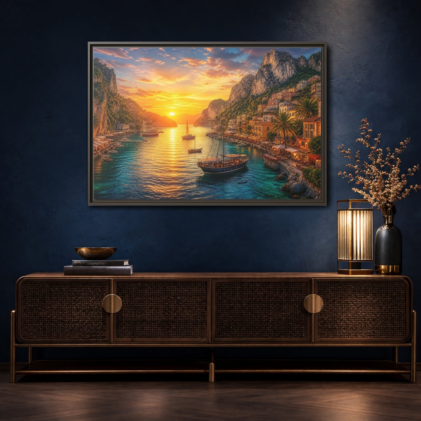 Mockup 4. Golden Harbor Sunset shown as framed canvas print