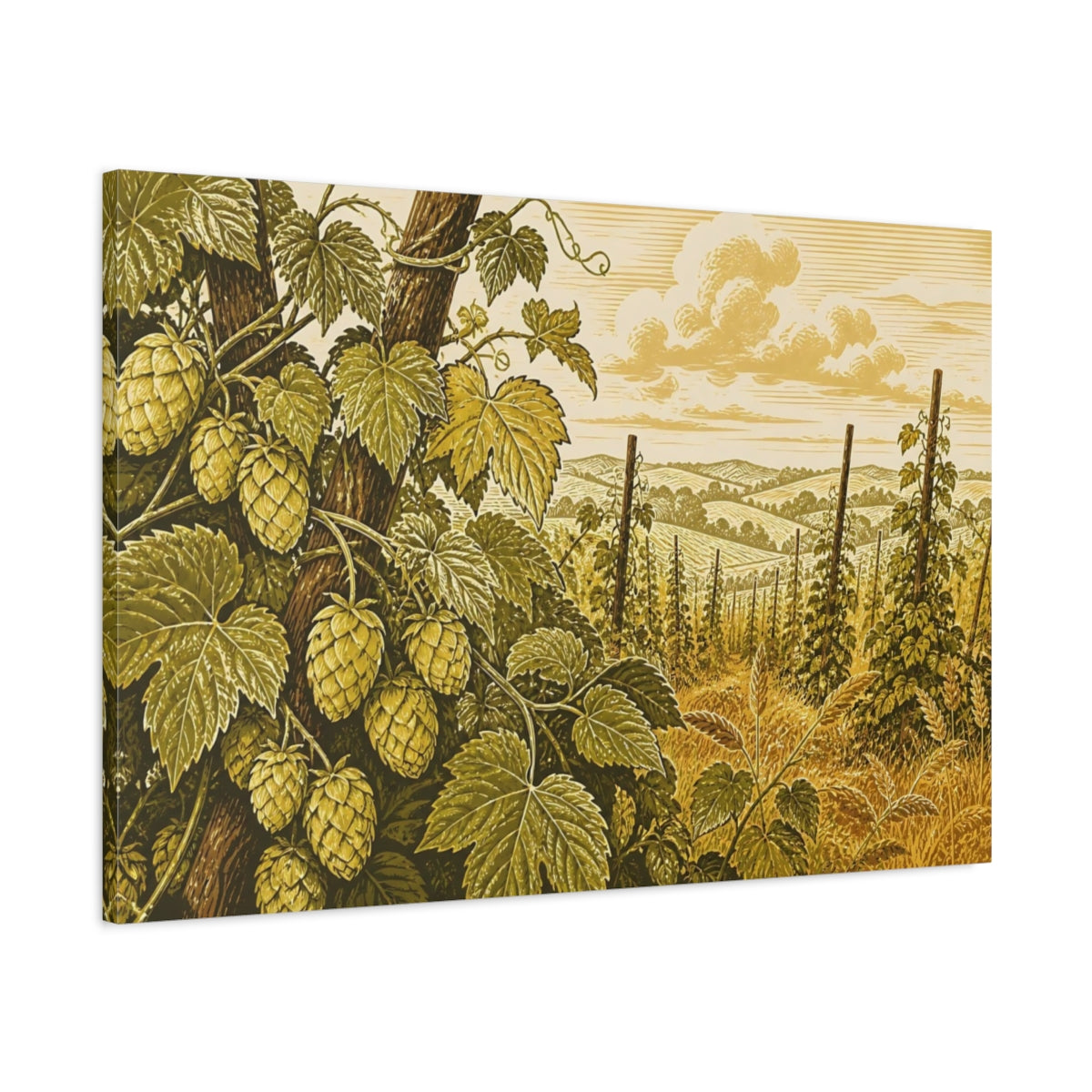 Main Mockup. Golden Hops Field shown as canvas print