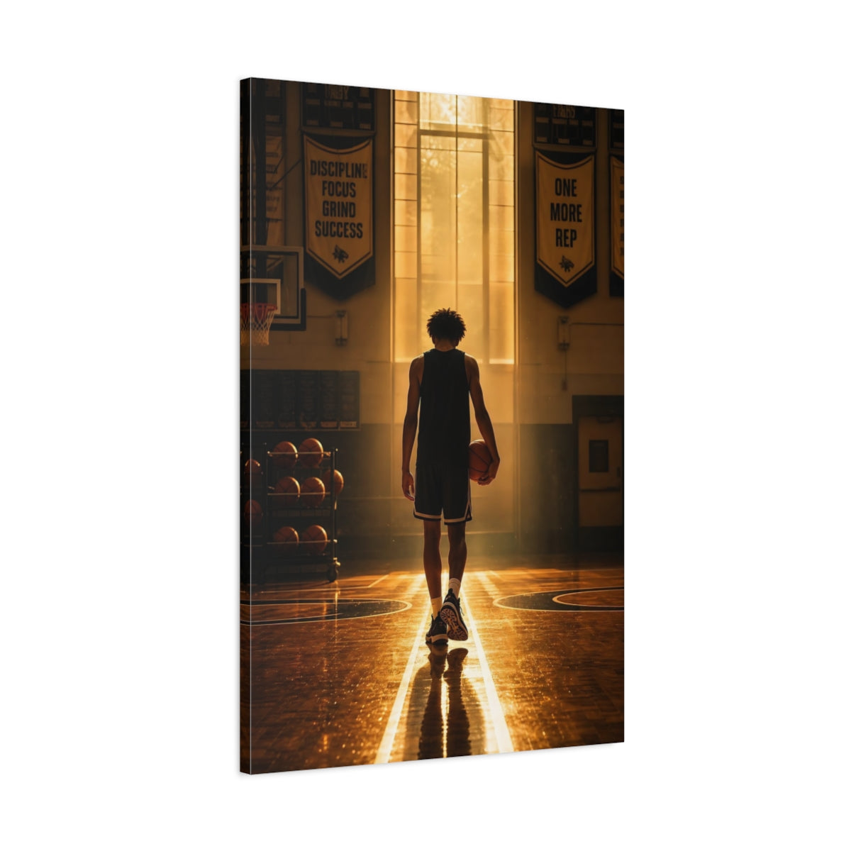 Main Mockup. Golden Hour Basketball Silhouette shown as canvas print
