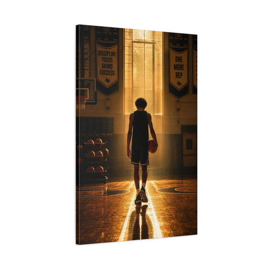 Main Mockup. Golden Hour Basketball Silhouette shown as canvas print