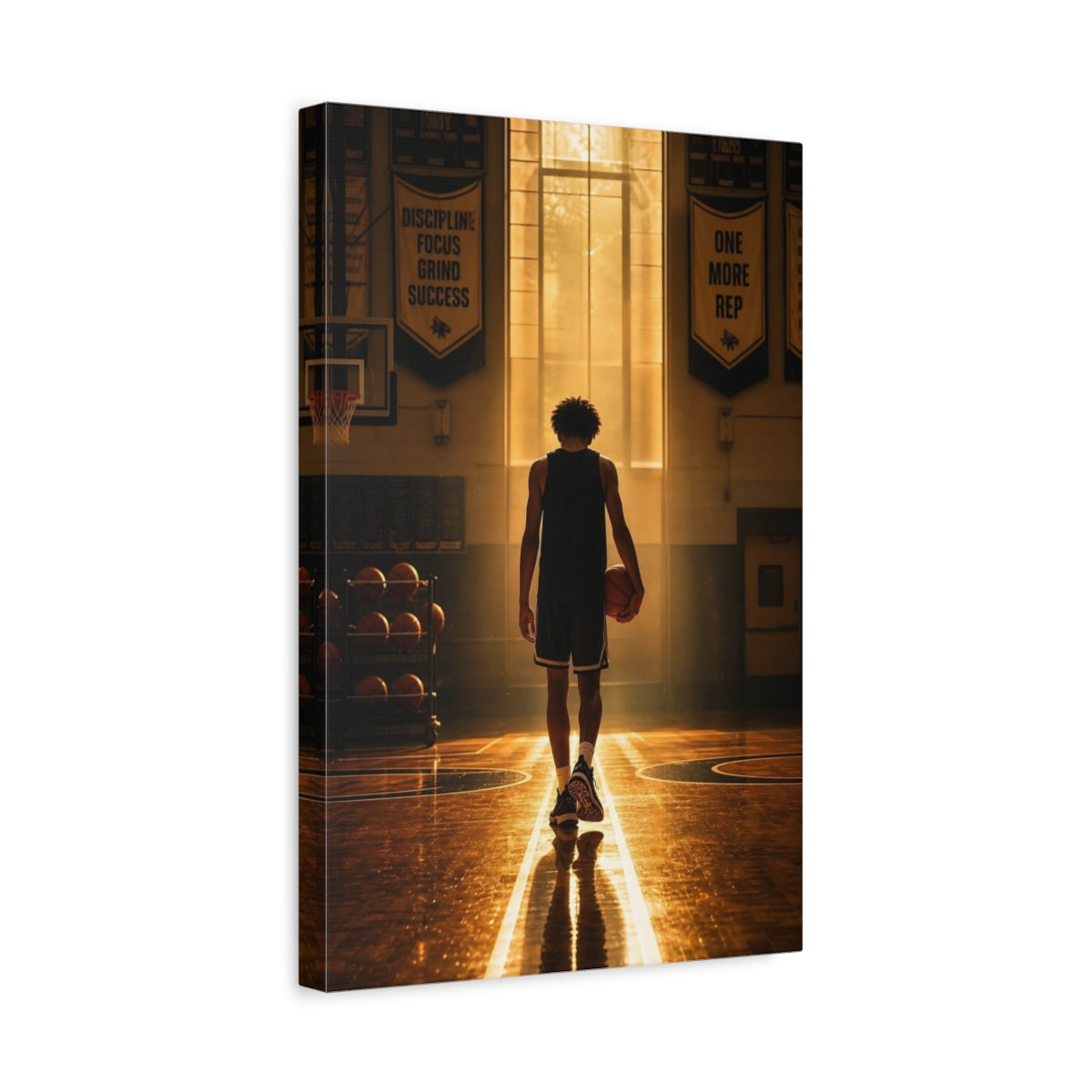Side Mockup 4. Golden Hour Basketball Silhouette shown as canvas print