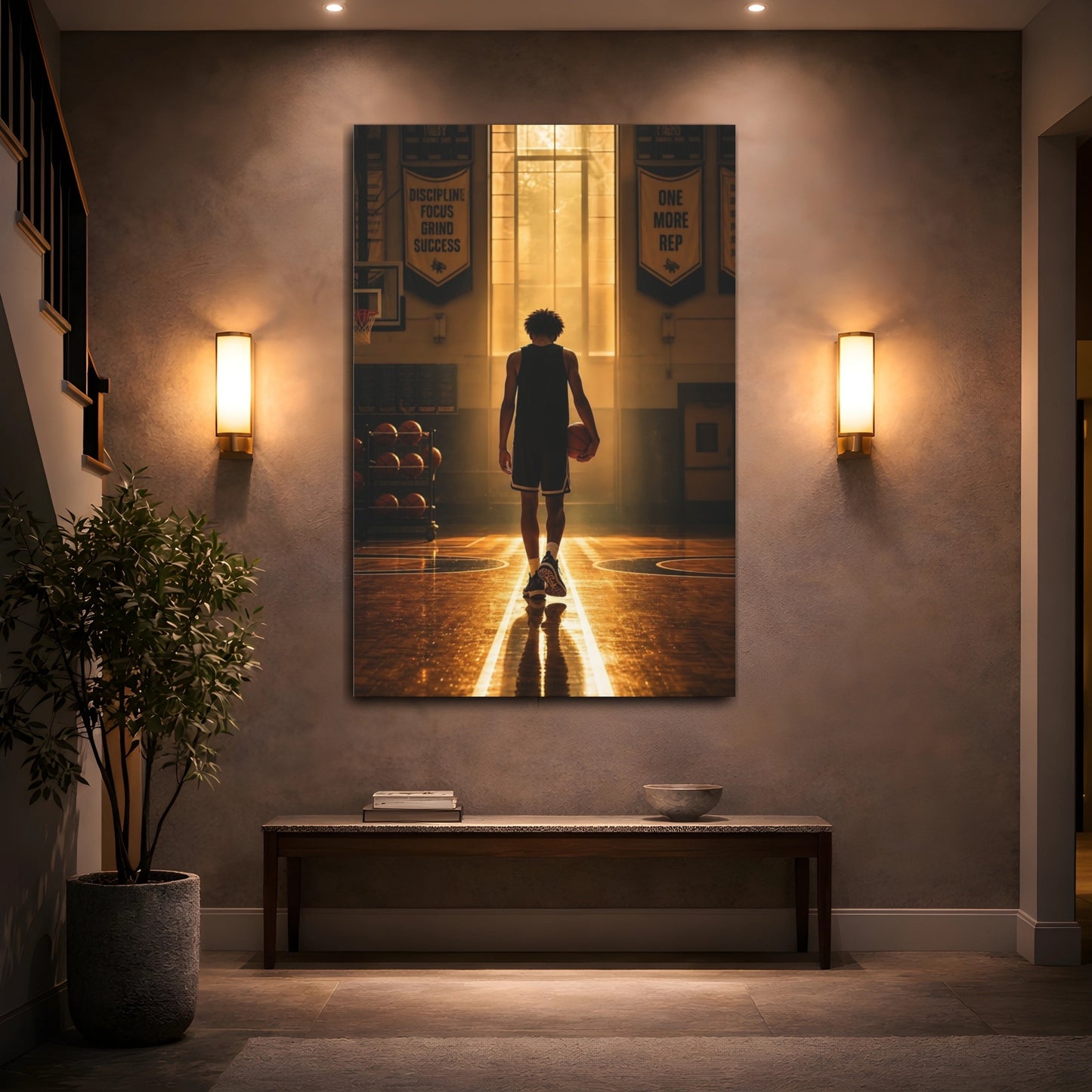 Mockup 2. Golden Hour Basketball Silhouette shown as canvas print