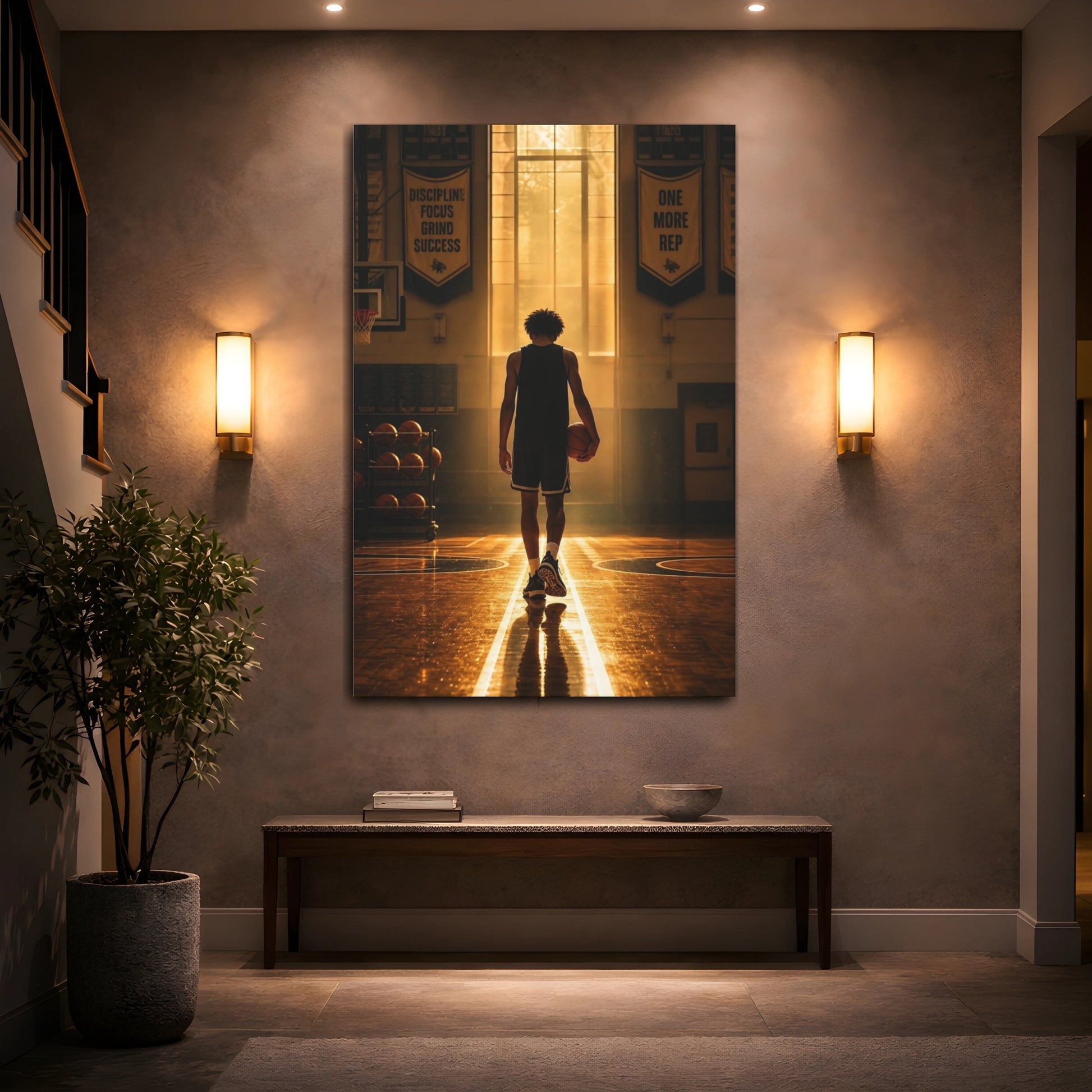 Mockup 2. Golden Hour Basketball Silhouette shown as canvas print