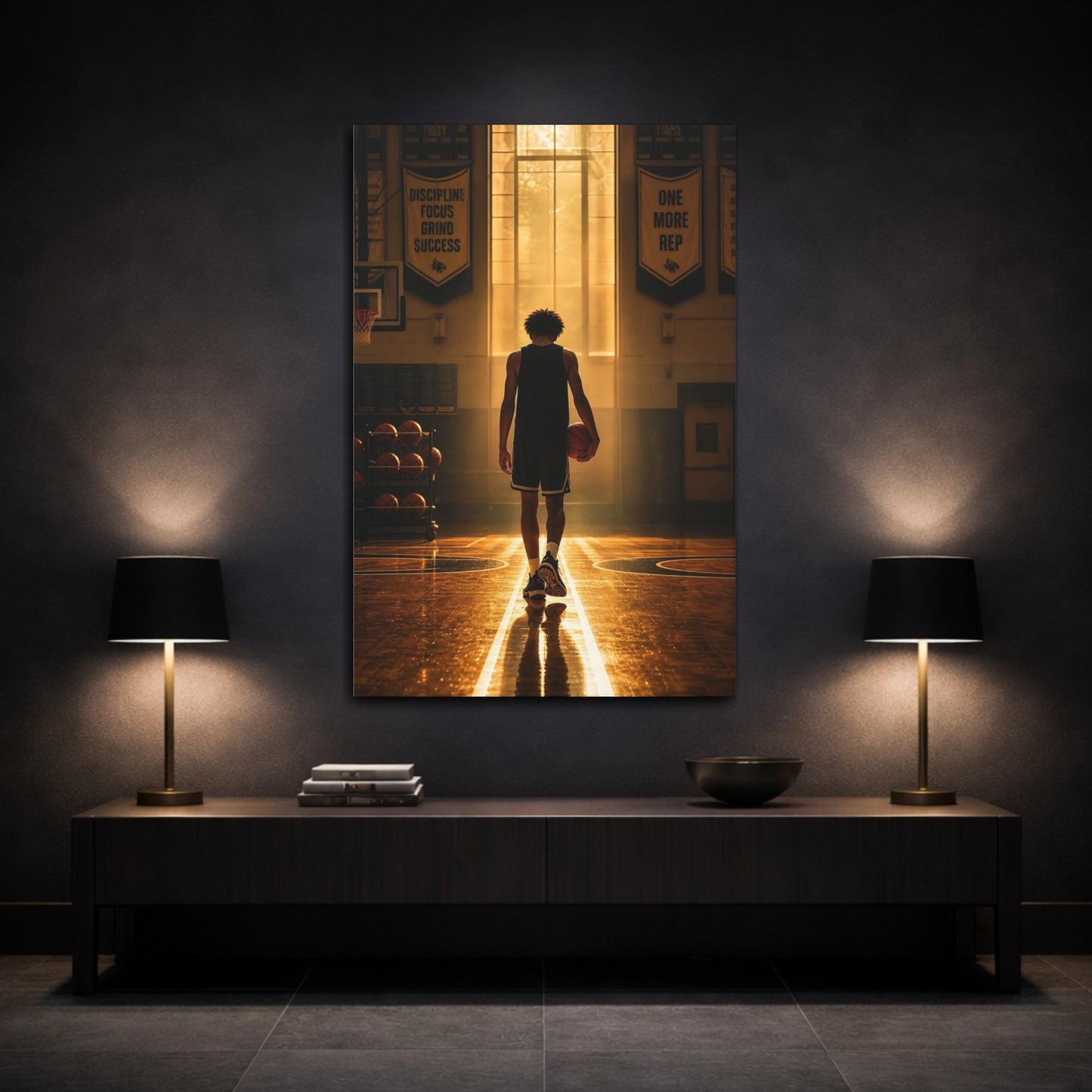 Mockup 3. Golden Hour Basketball Silhouette shown as canvas print