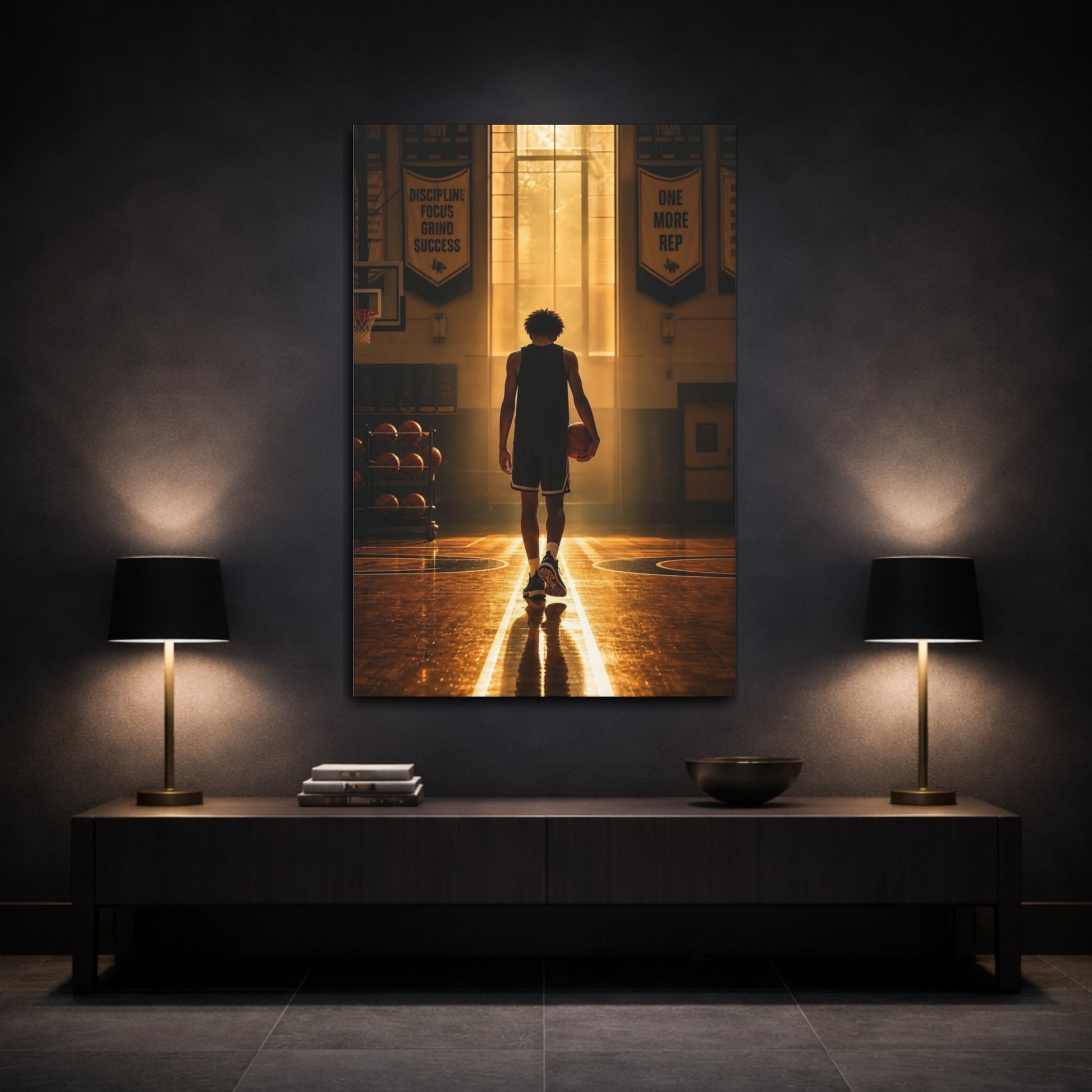 Mockup 3. Golden Hour Basketball Silhouette shown as canvas print