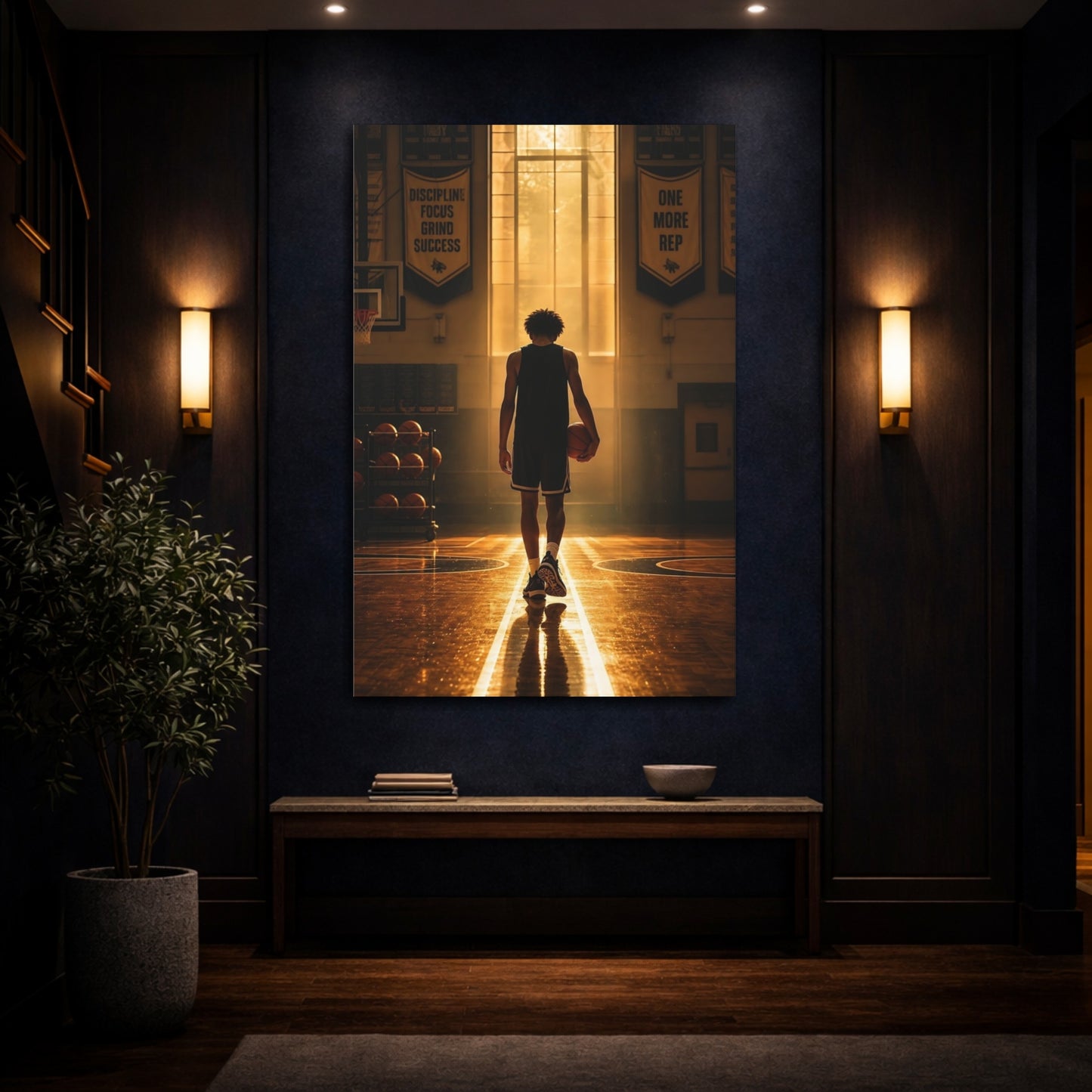 Mockup 4. Golden Hour Basketball Silhouette shown as canvas print