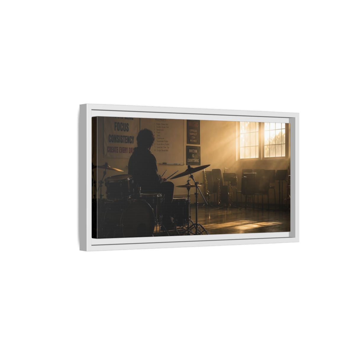 Side Mockup 6. Golden Hour Drum Practice shown as framed canvas print