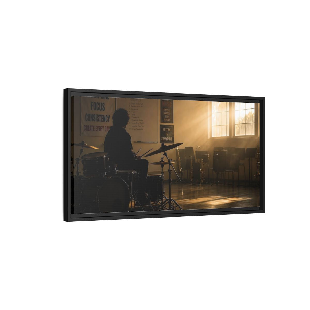 Side Mockup 2. Golden Hour Drum Practice shown as framed canvas print