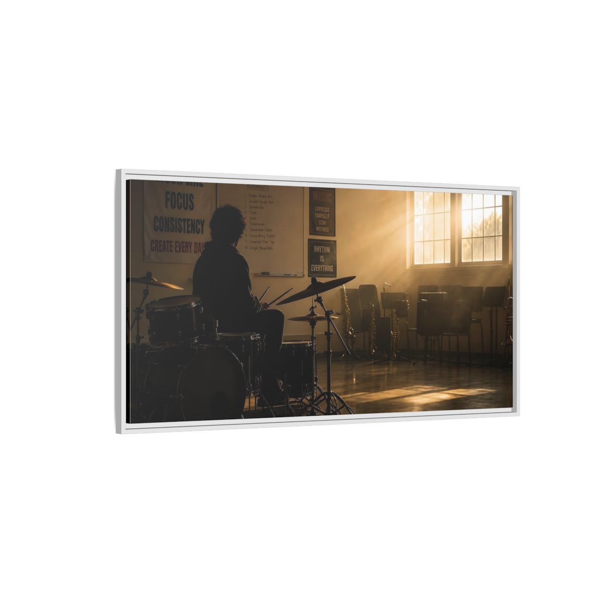 Side Mockup 3. Golden Hour Drum Practice shown as framed canvas print