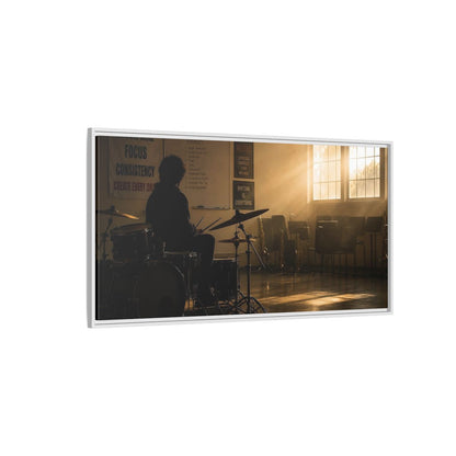 Side Mockup 3. Golden Hour Drum Practice shown as framed canvas print