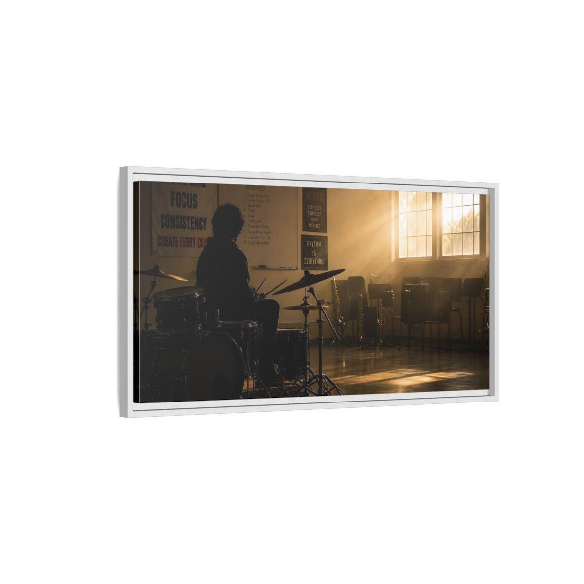 Side Mockup 1. Golden Hour Drum Practice shown as framed canvas print