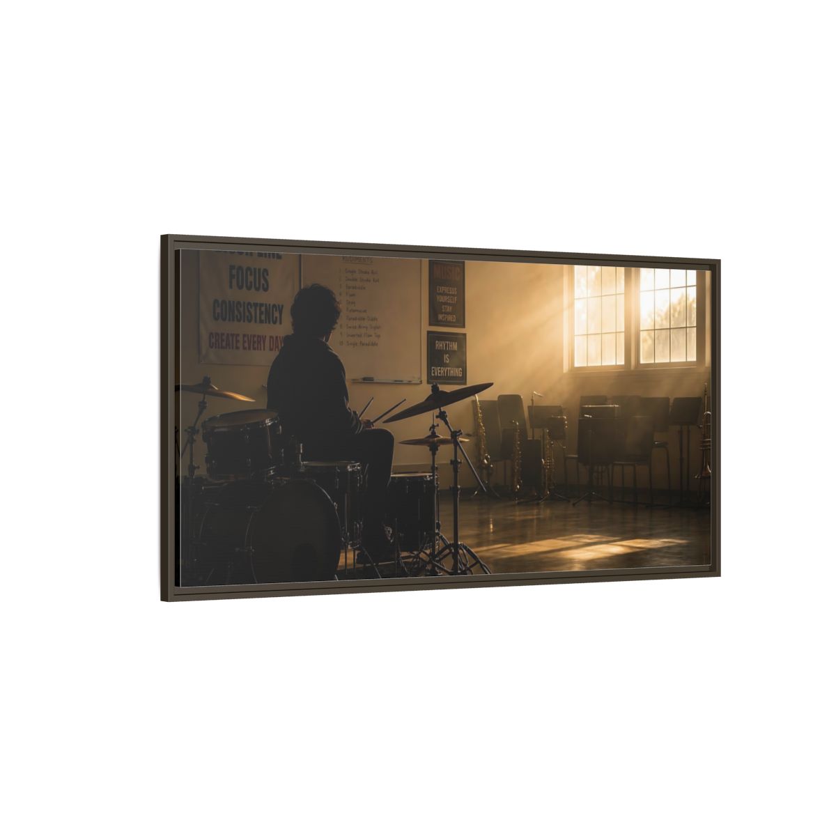 Side Mockup 4. Golden Hour Drum Practice shown as framed canvas print
