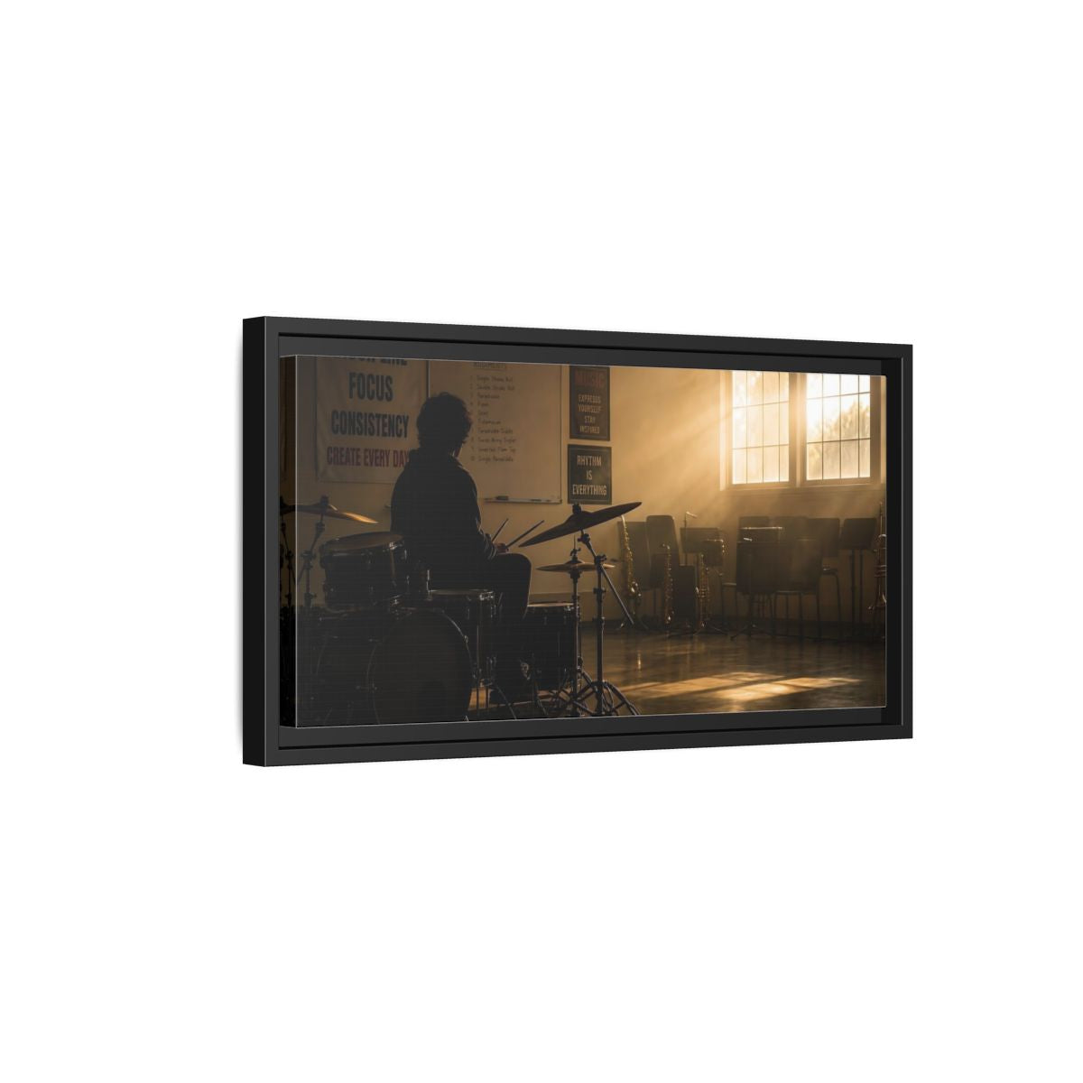 Side Mockup 8. Golden Hour Drum Practice shown as framed canvas print